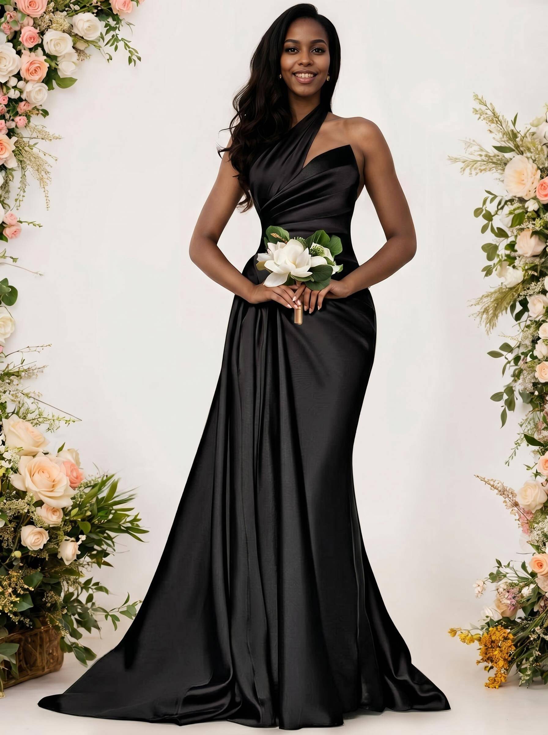 Sheath/Column One-Shoulder Silk Like Satin Bridesmaid Dresses With Ruffle, product image 66