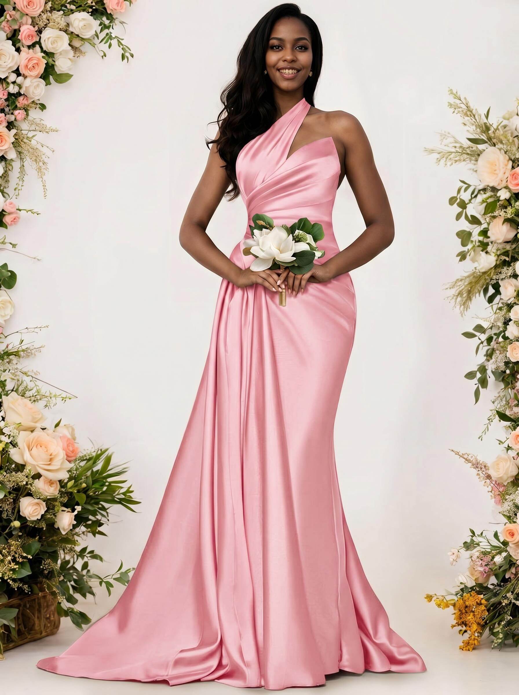 Sheath/Column One-Shoulder Silk Like Satin Bridesmaid Dresses With Ruffle, product image 21