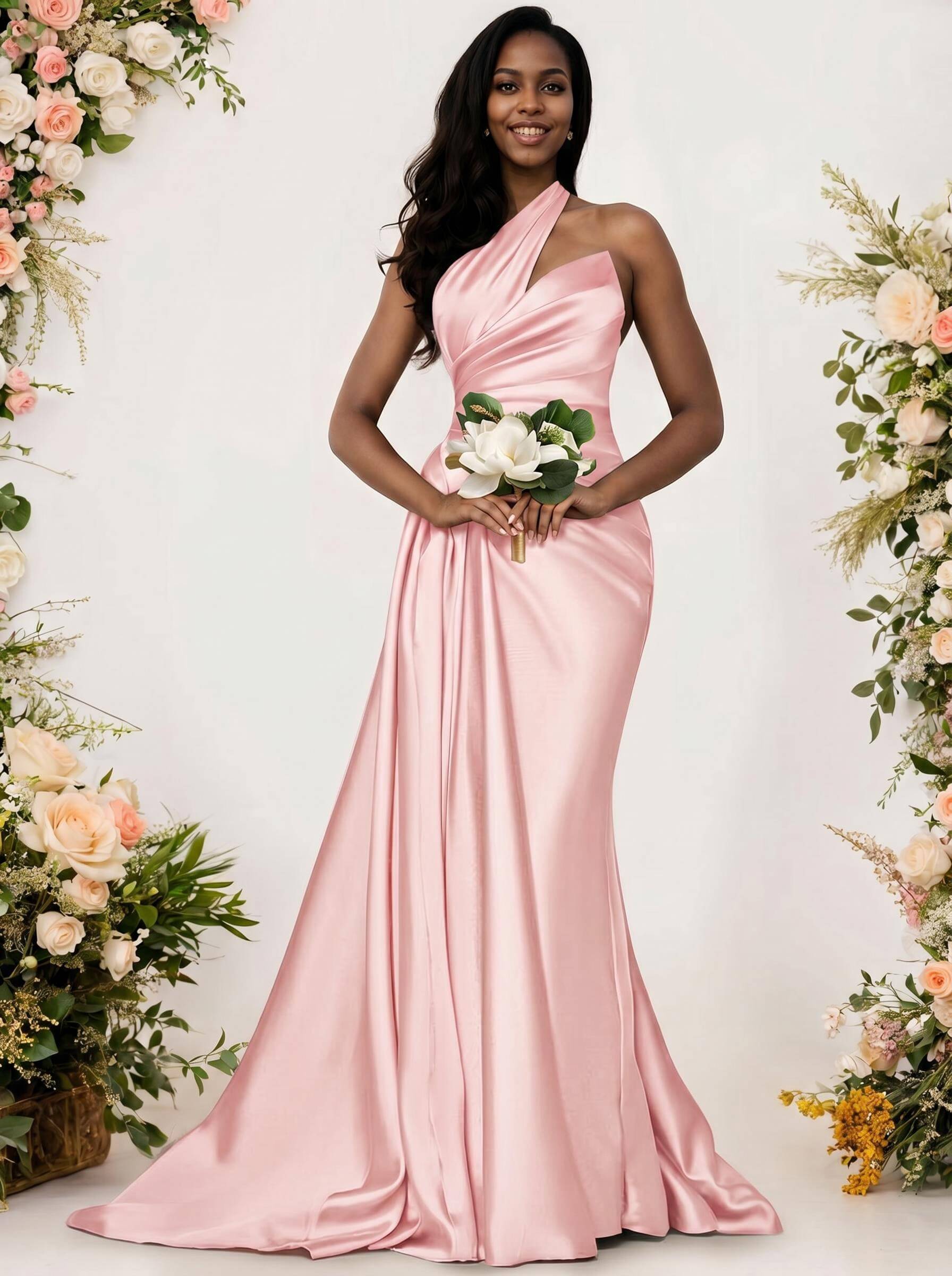 Sheath/Column One-Shoulder Silk Like Satin Bridesmaid Dresses With Ruffle, product image 41