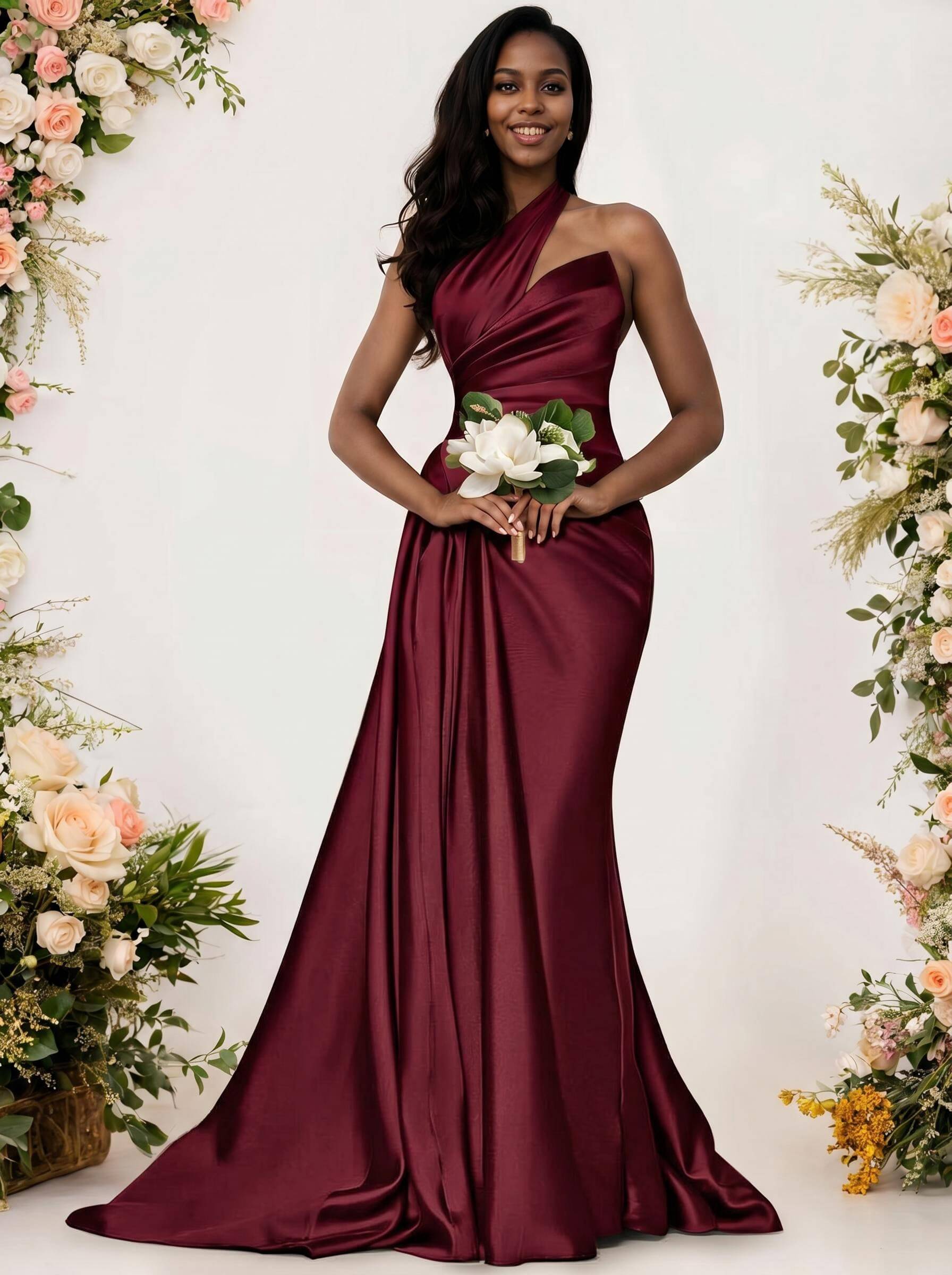 Sheath/Column One-Shoulder Silk Like Satin Bridesmaid Dresses With Ruffle, product image 16