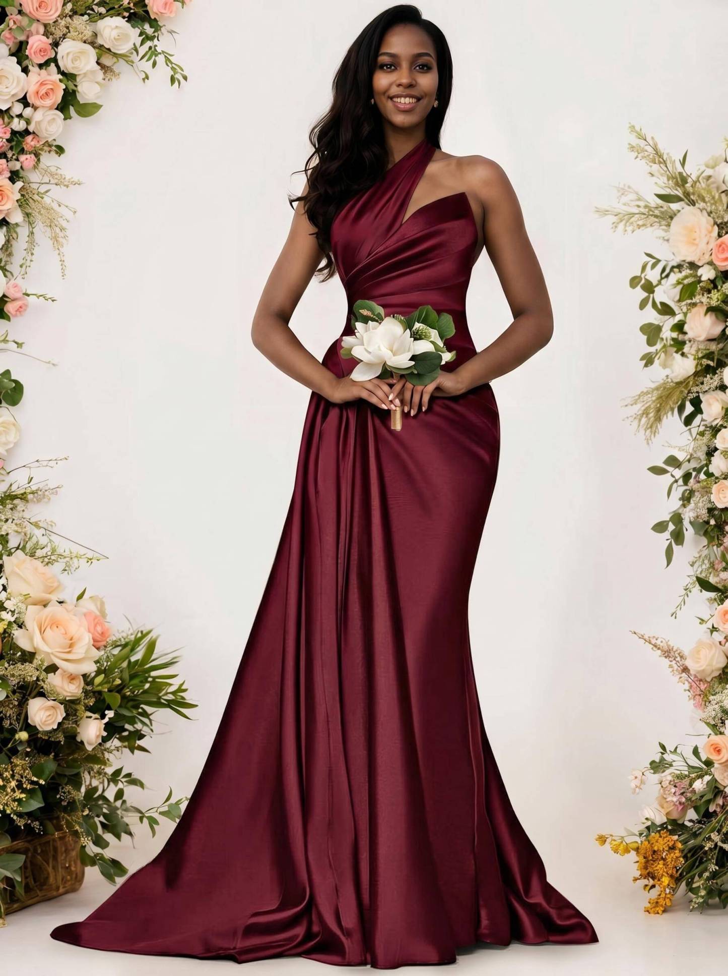 Sheath/Column One-Shoulder Silk Like Satin Bridesmaid Dresses With Ruffle, product image 16