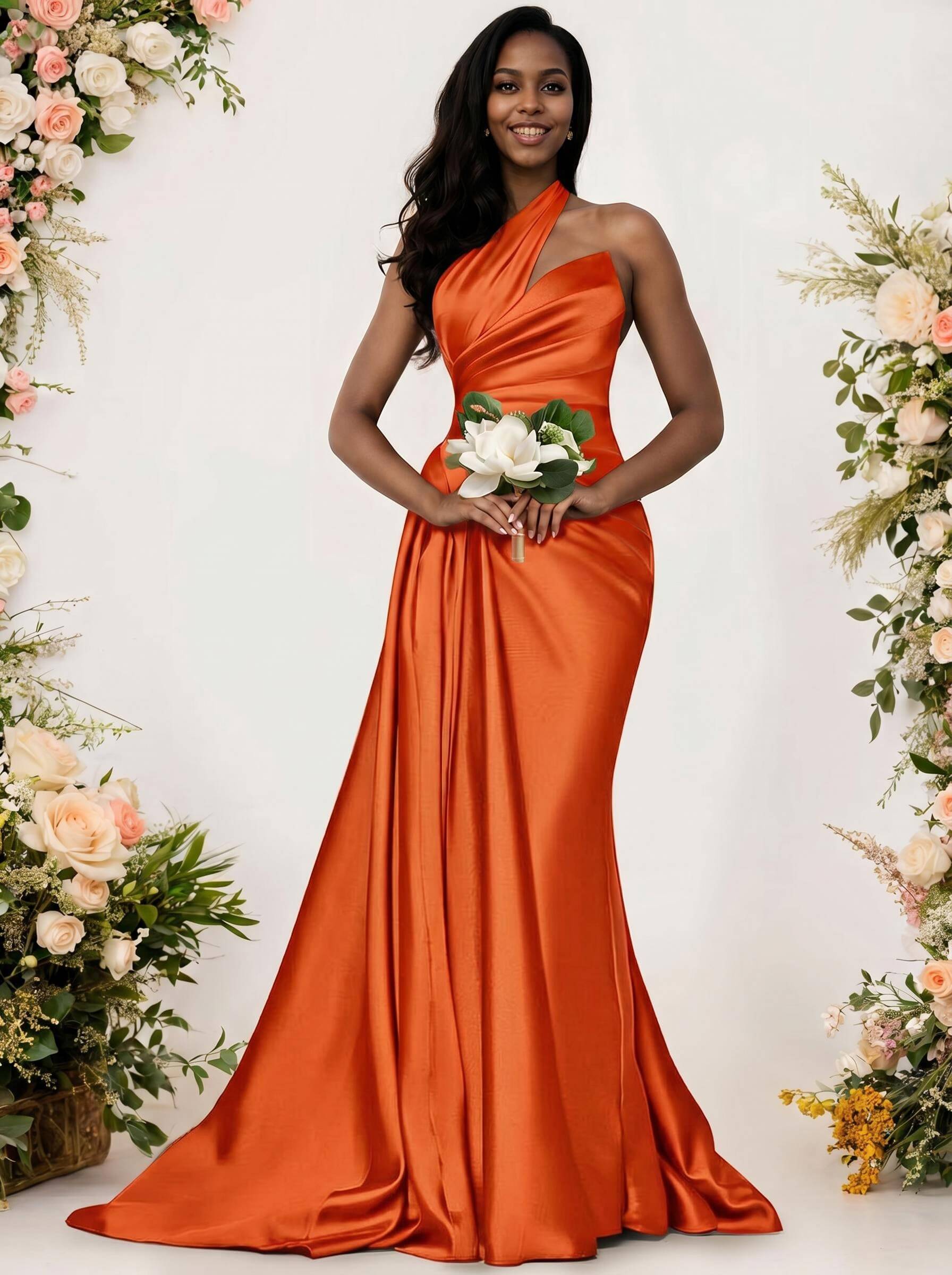Sheath/Column One-Shoulder Silk Like Satin Bridesmaid Dresses With Ruffle, product image 216