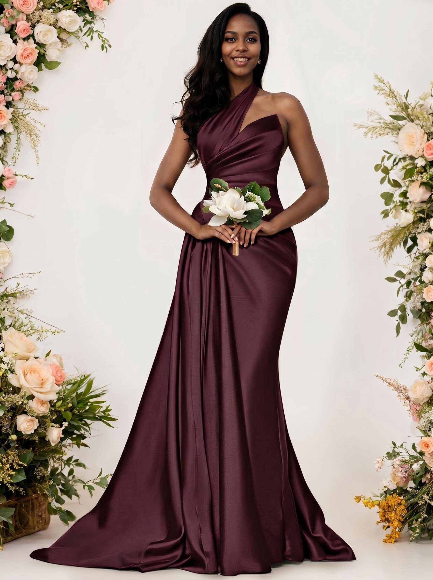 Sheath/Column One-Shoulder Silk Like Satin Bridesmaid Dresses With Ruffle, product image 26