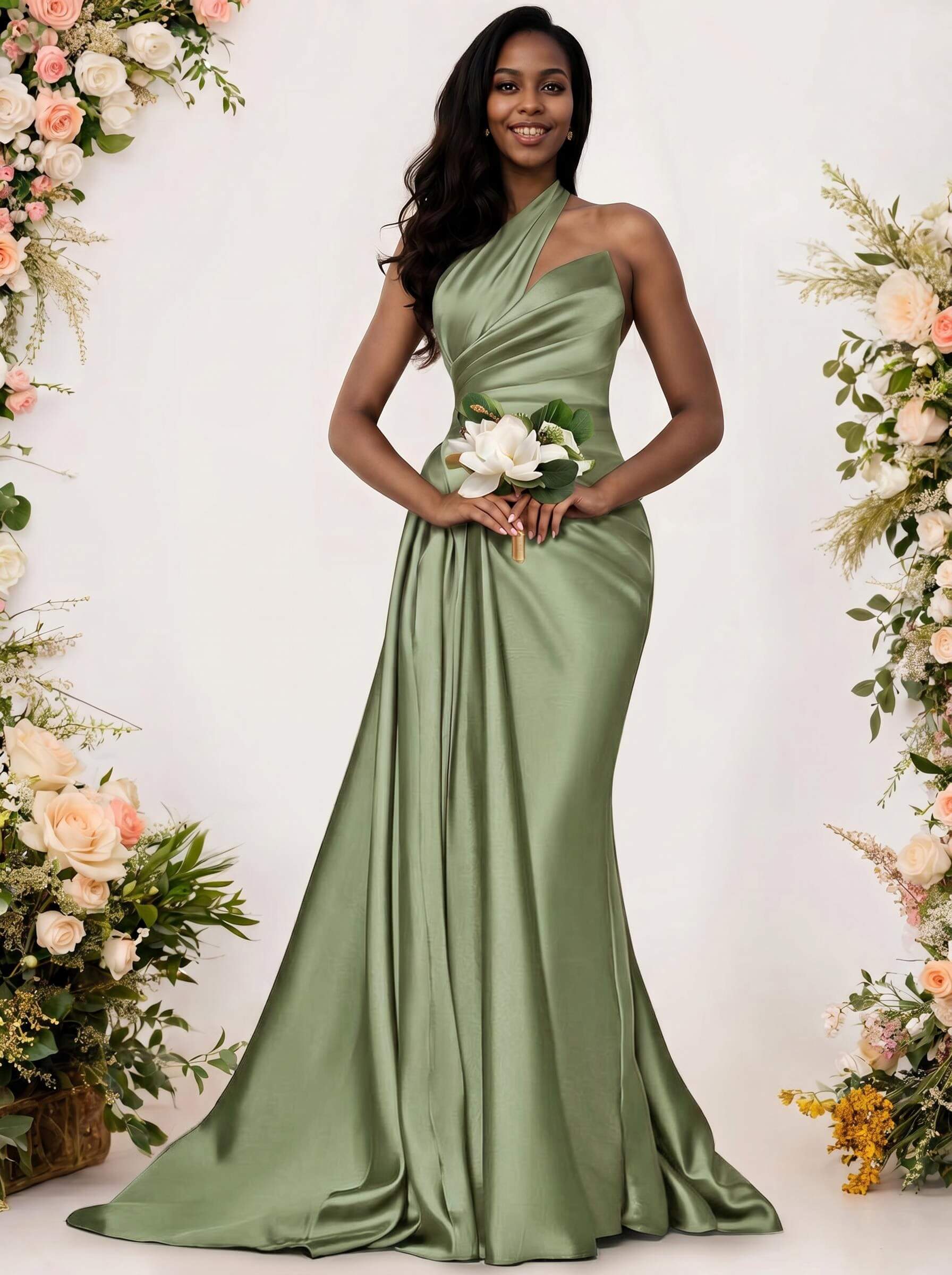 Sheath/Column One-Shoulder Silk Like Satin Bridesmaid Dresses With Ruffle, product image 31