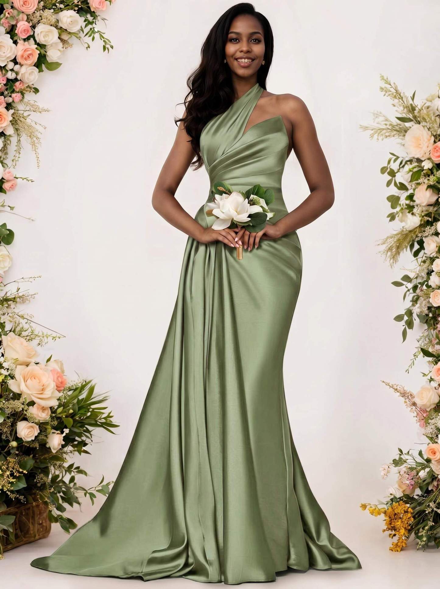 Sheath/Column One-Shoulder Silk Like Satin Bridesmaid Dresses With Ruffle, product image 31