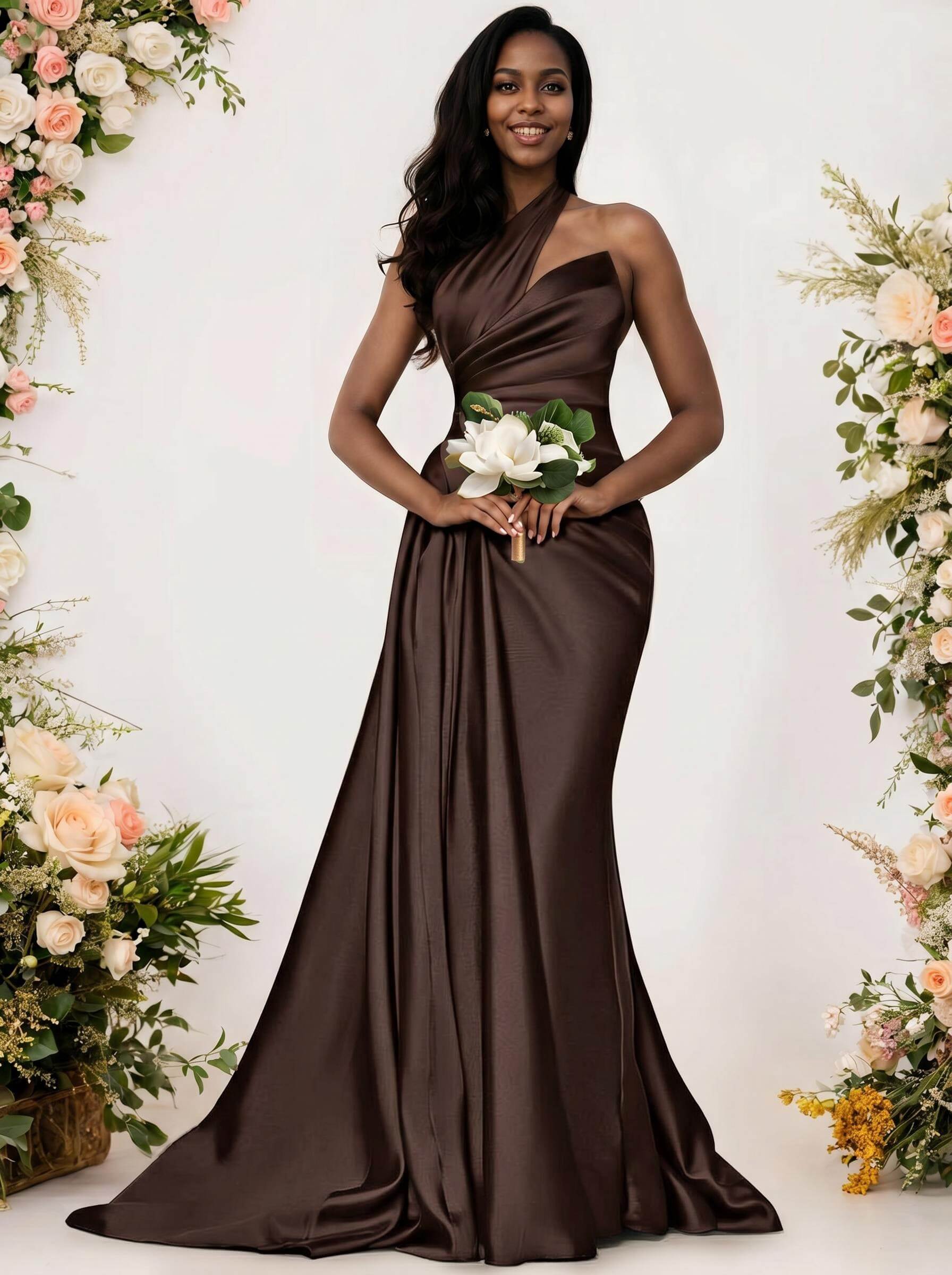 Sheath/Column One-Shoulder Silk Like Satin Bridesmaid Dresses With Ruffle, product image 206