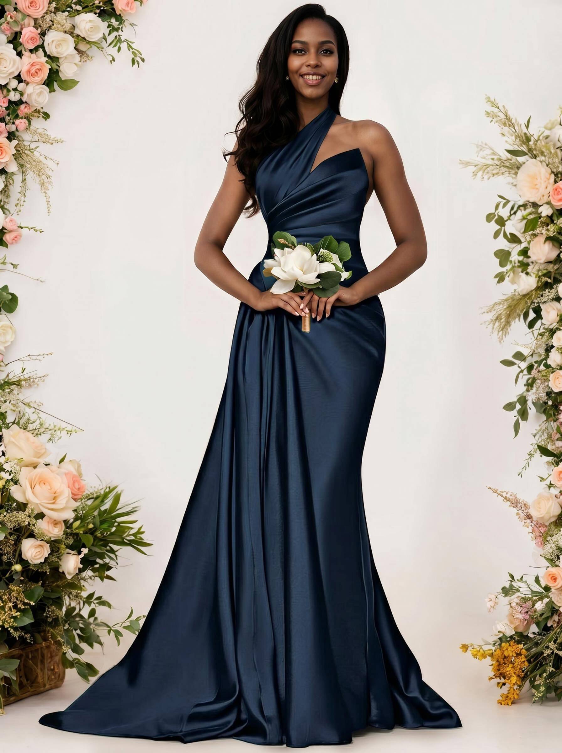 Sheath/Column One-Shoulder Silk Like Satin Bridesmaid Dresses With Ruffle, product image 11