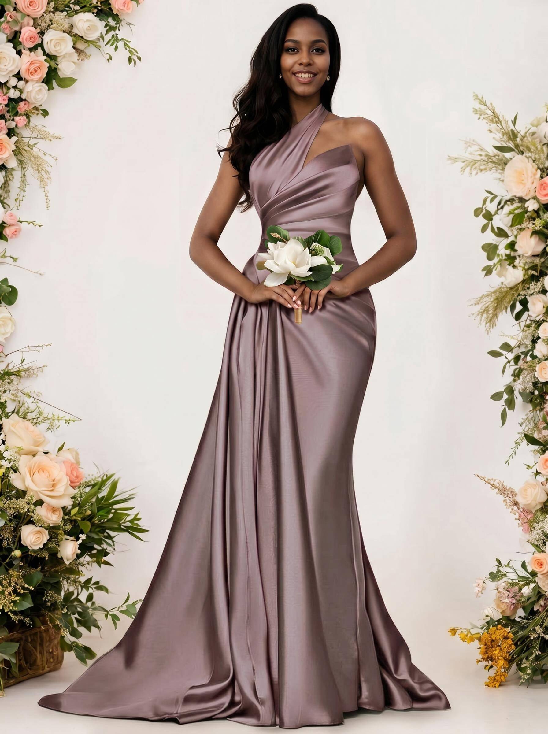 Sheath/Column One-Shoulder Silk Like Satin Bridesmaid Dresses With Ruffle, product image 76