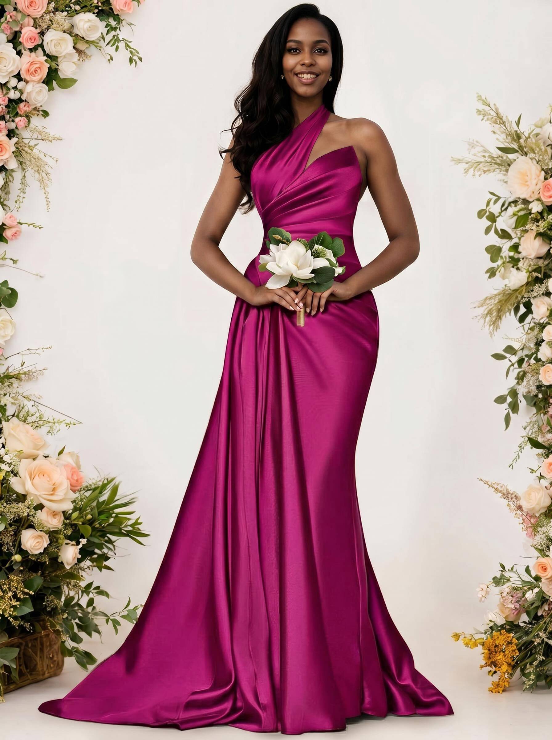 Sheath/Column One-Shoulder Silk Like Satin Bridesmaid Dresses With Ruffle, product image 156