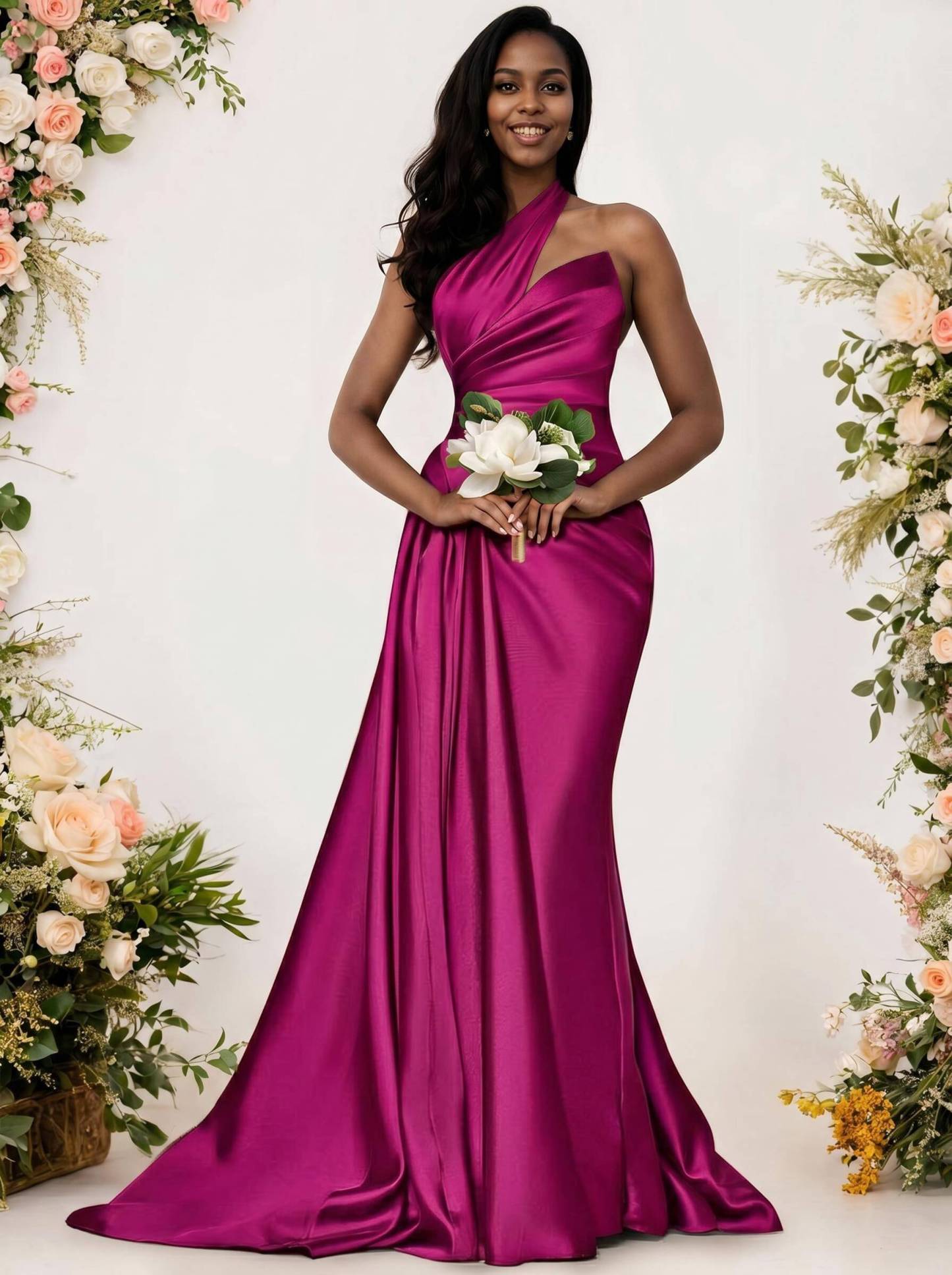 Sheath/Column One-Shoulder Silk Like Satin Bridesmaid Dresses With Ruffle, product image 156