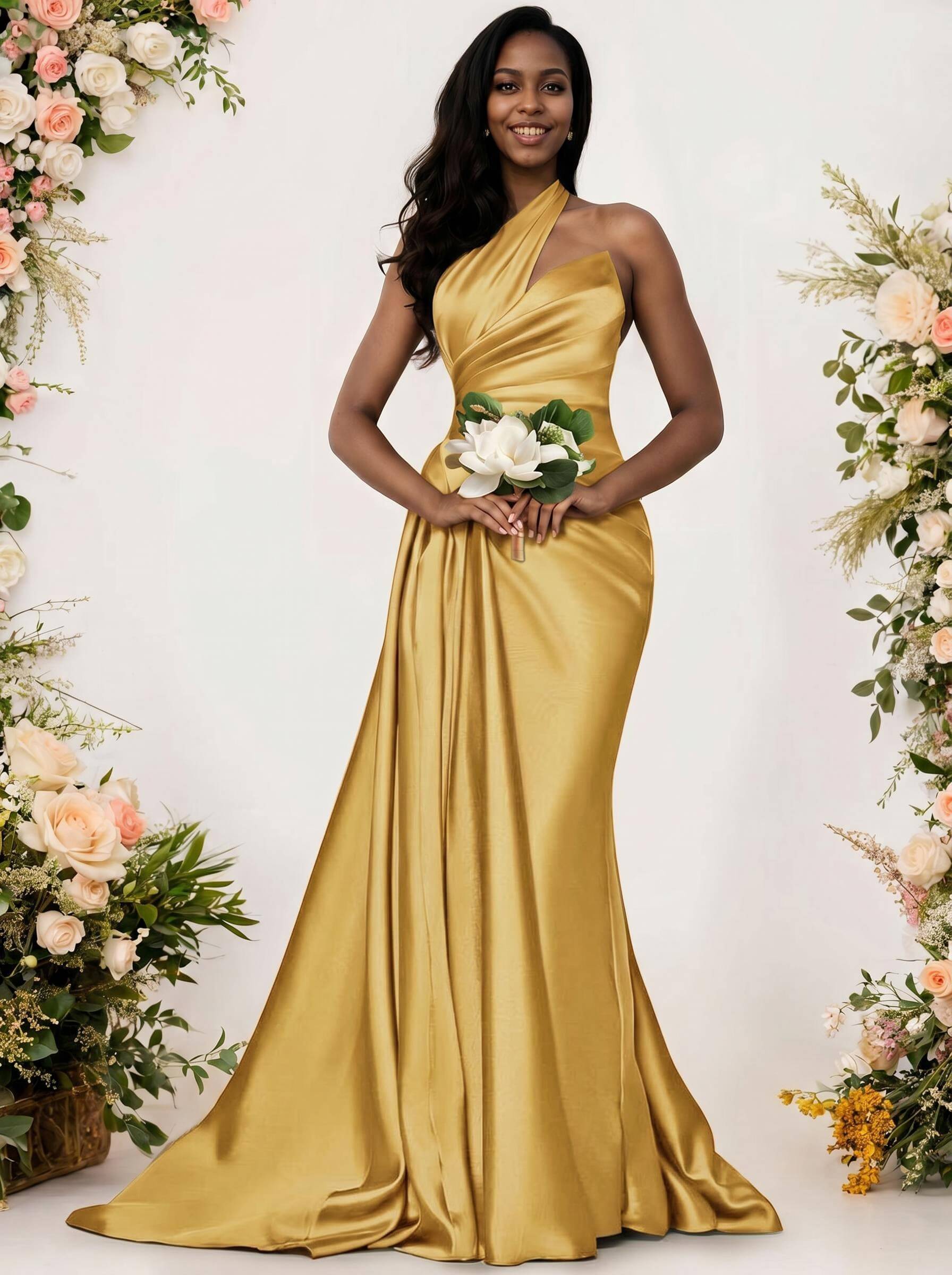 Sheath/Column One-Shoulder Silk Like Satin Bridesmaid Dresses With Ruffle, product image 171