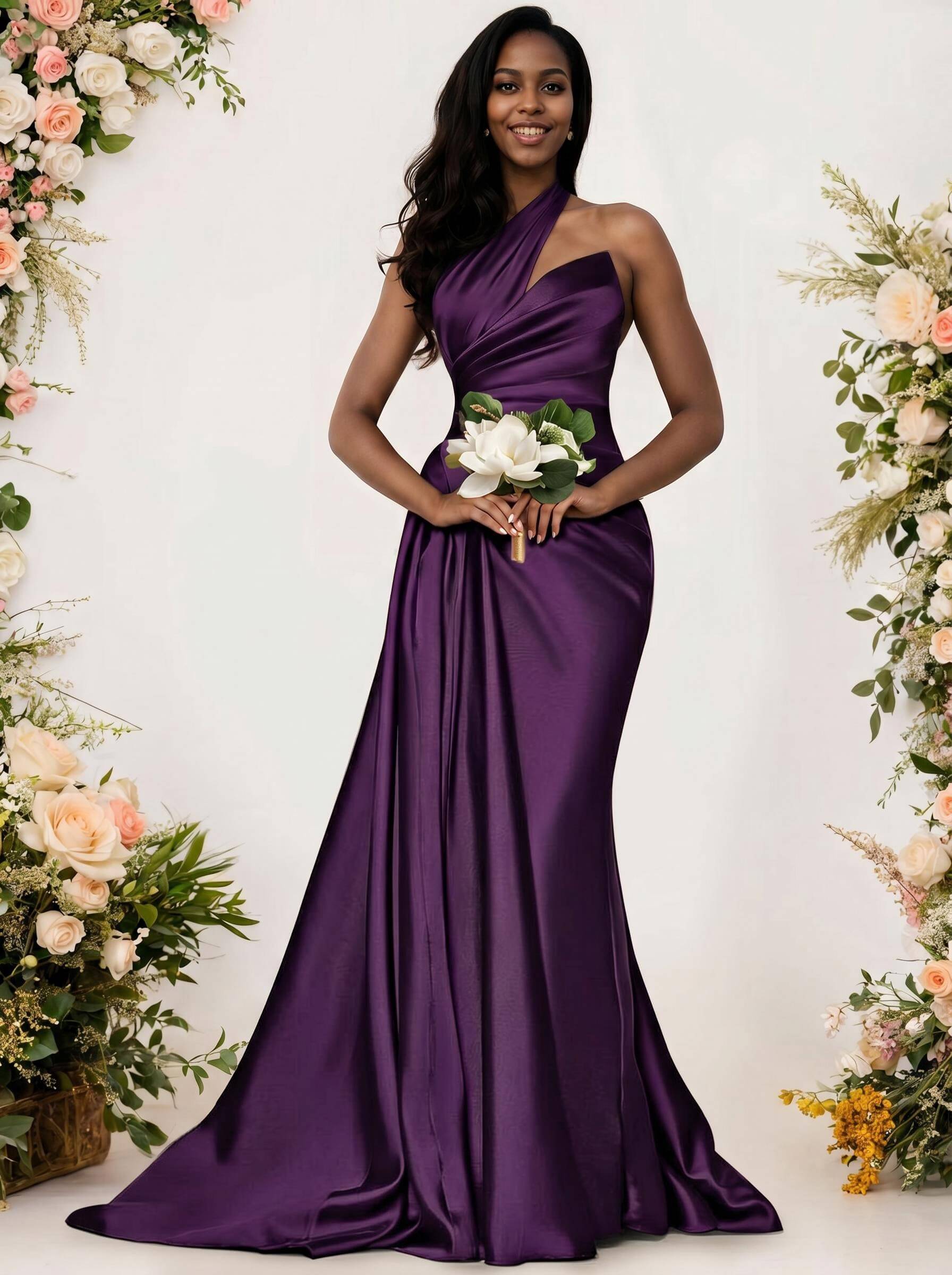 Sheath/Column One-Shoulder Silk Like Satin Bridesmaid Dresses With Ruffle, product image 81