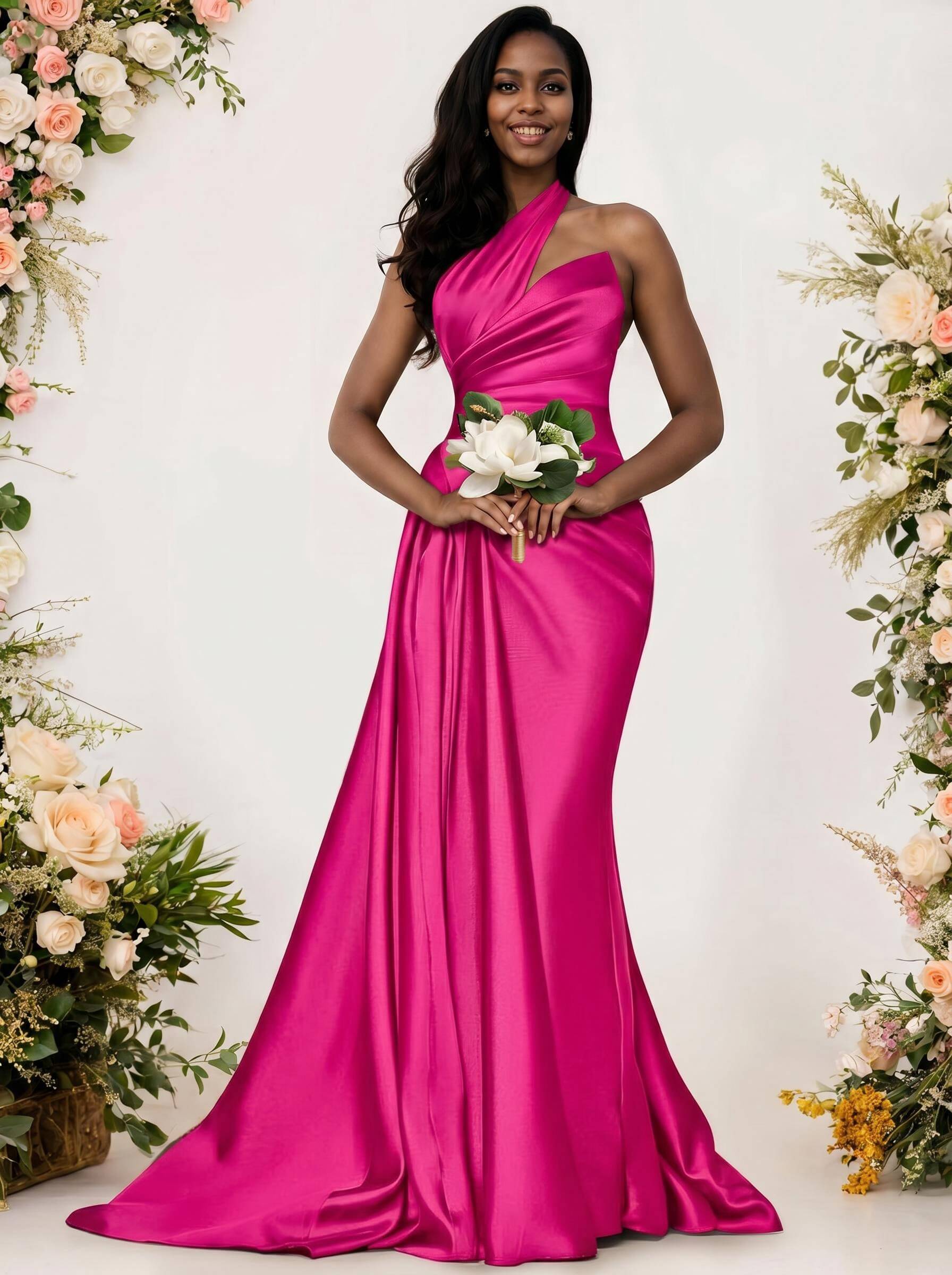 Sheath/Column One-Shoulder Silk Like Satin Bridesmaid Dresses With Ruffle, product image 221