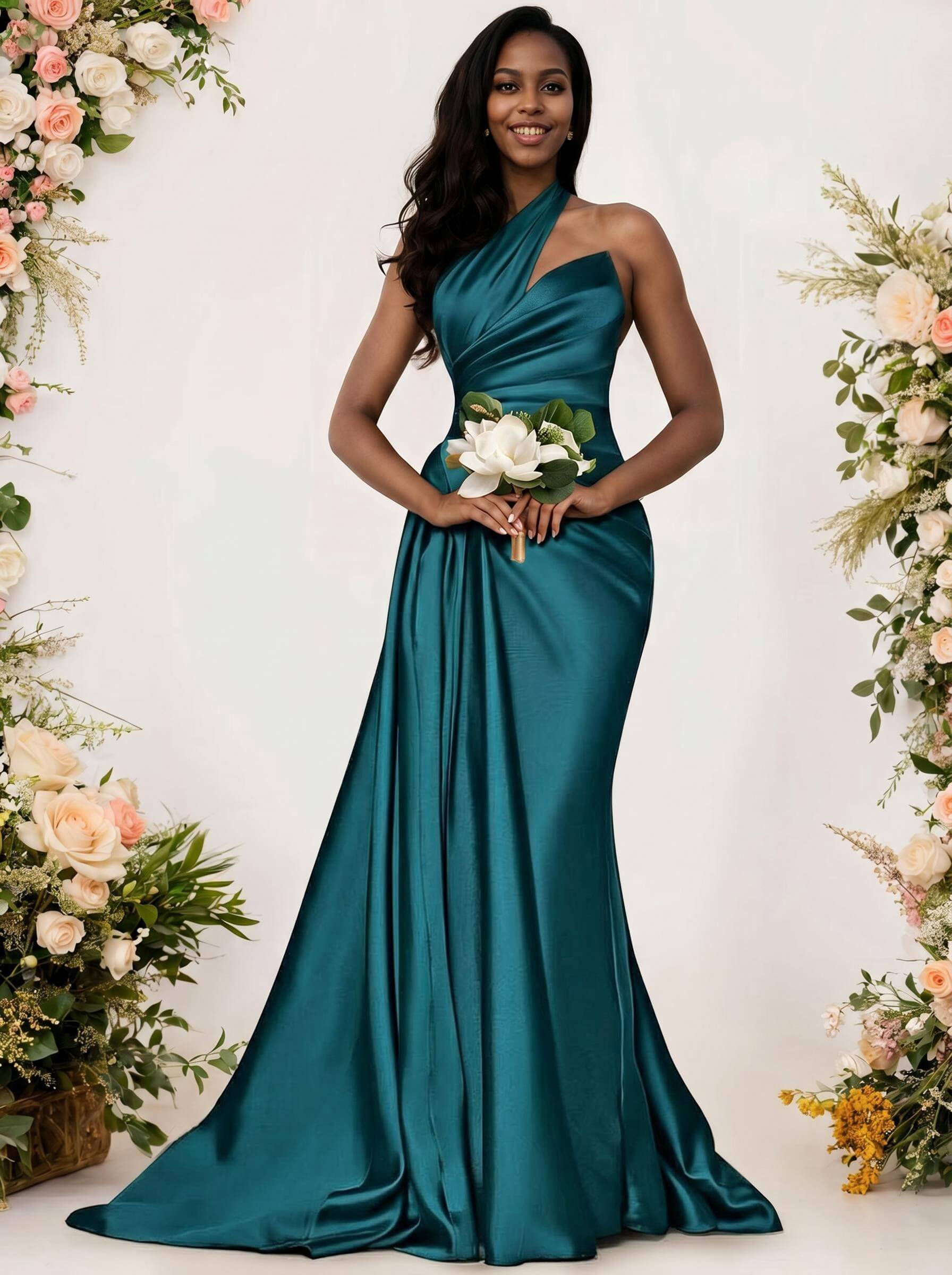 Sheath/Column One-Shoulder Silk Like Satin Bridesmaid Dresses With Ruffle, product image 111