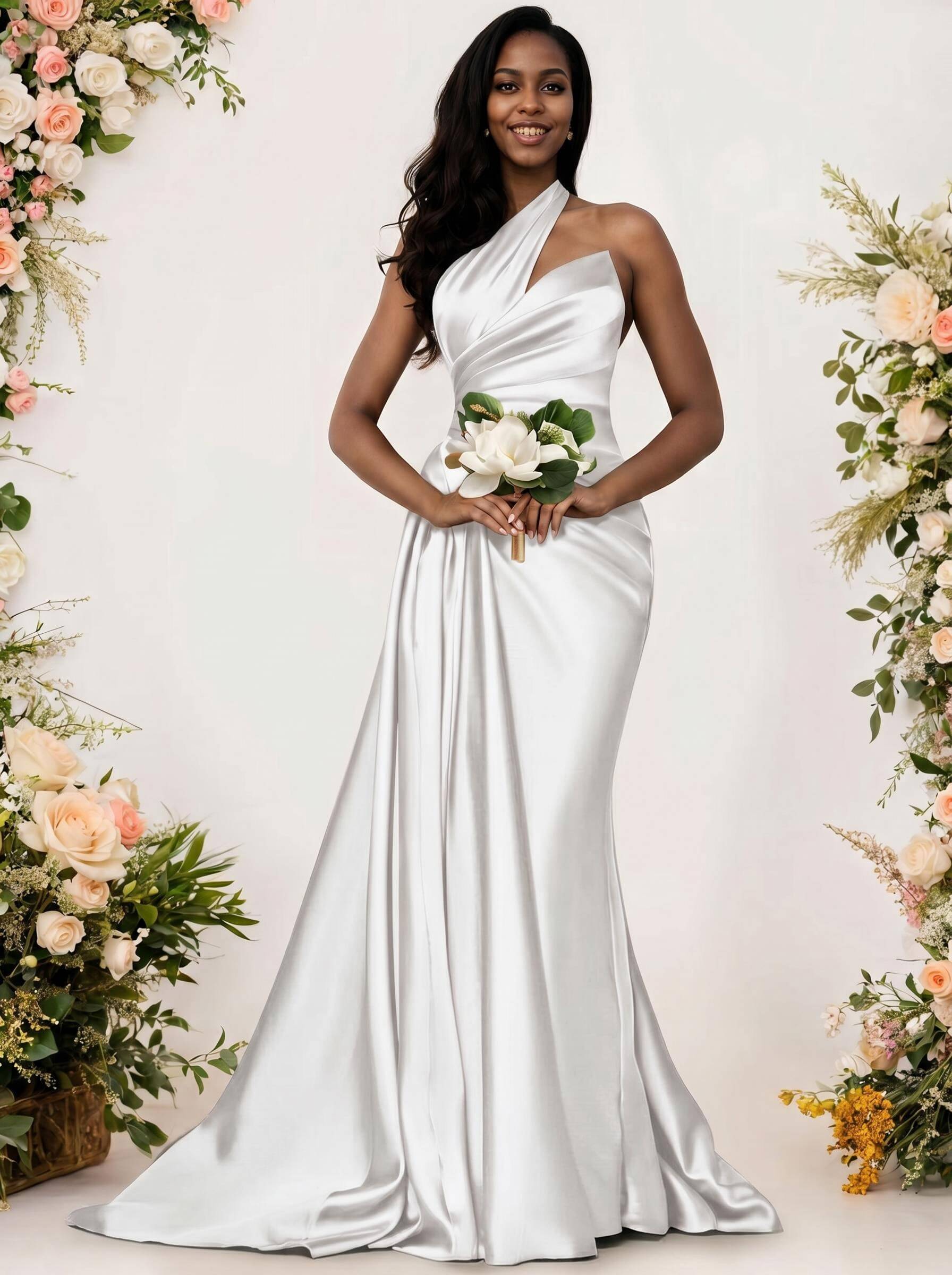 Sheath/Column One-Shoulder Silk Like Satin Bridesmaid Dresses With Ruffle, product image 96