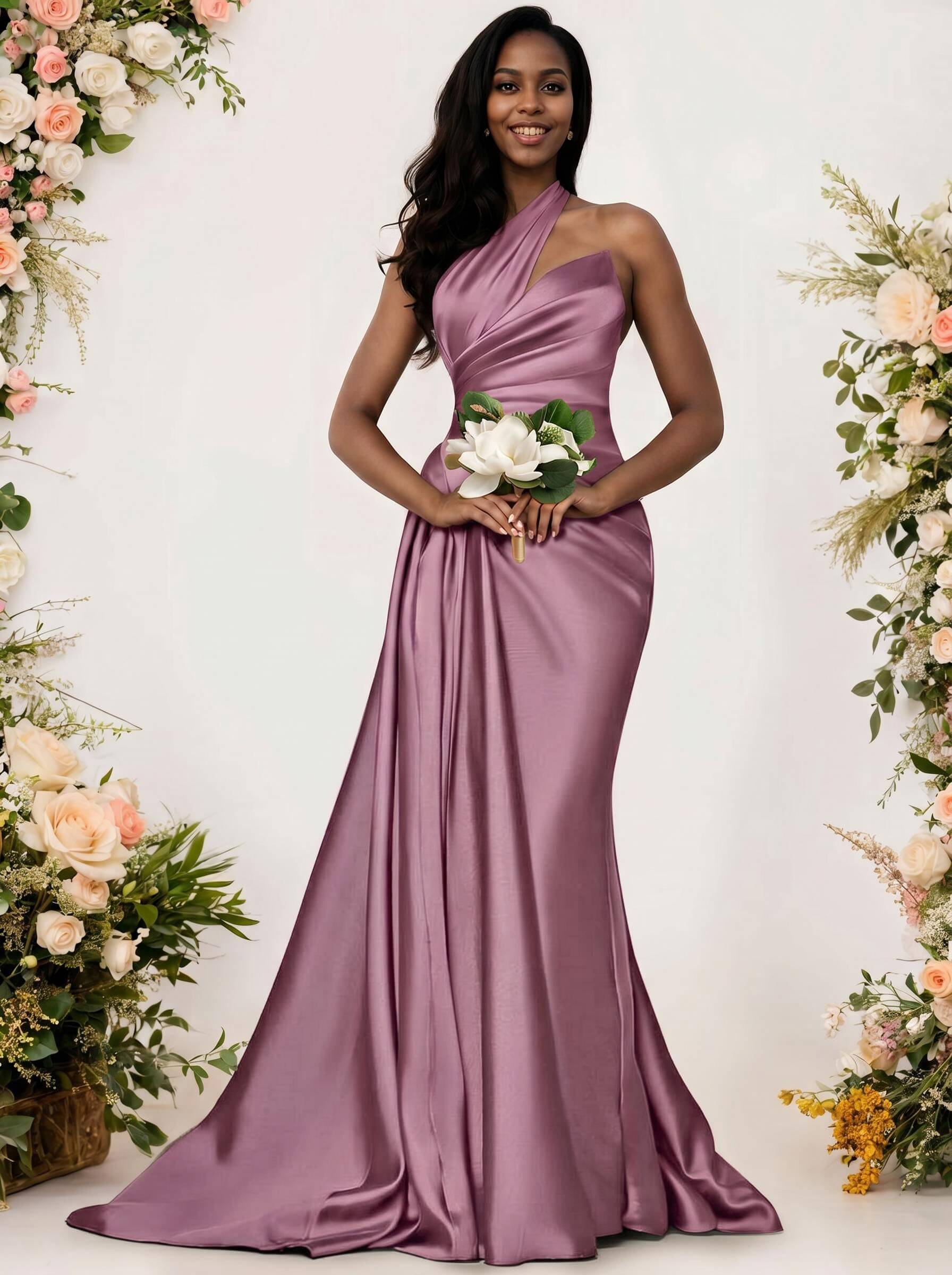 Sheath/Column One-Shoulder Silk Like Satin Bridesmaid Dresses With Ruffle, product image 151
