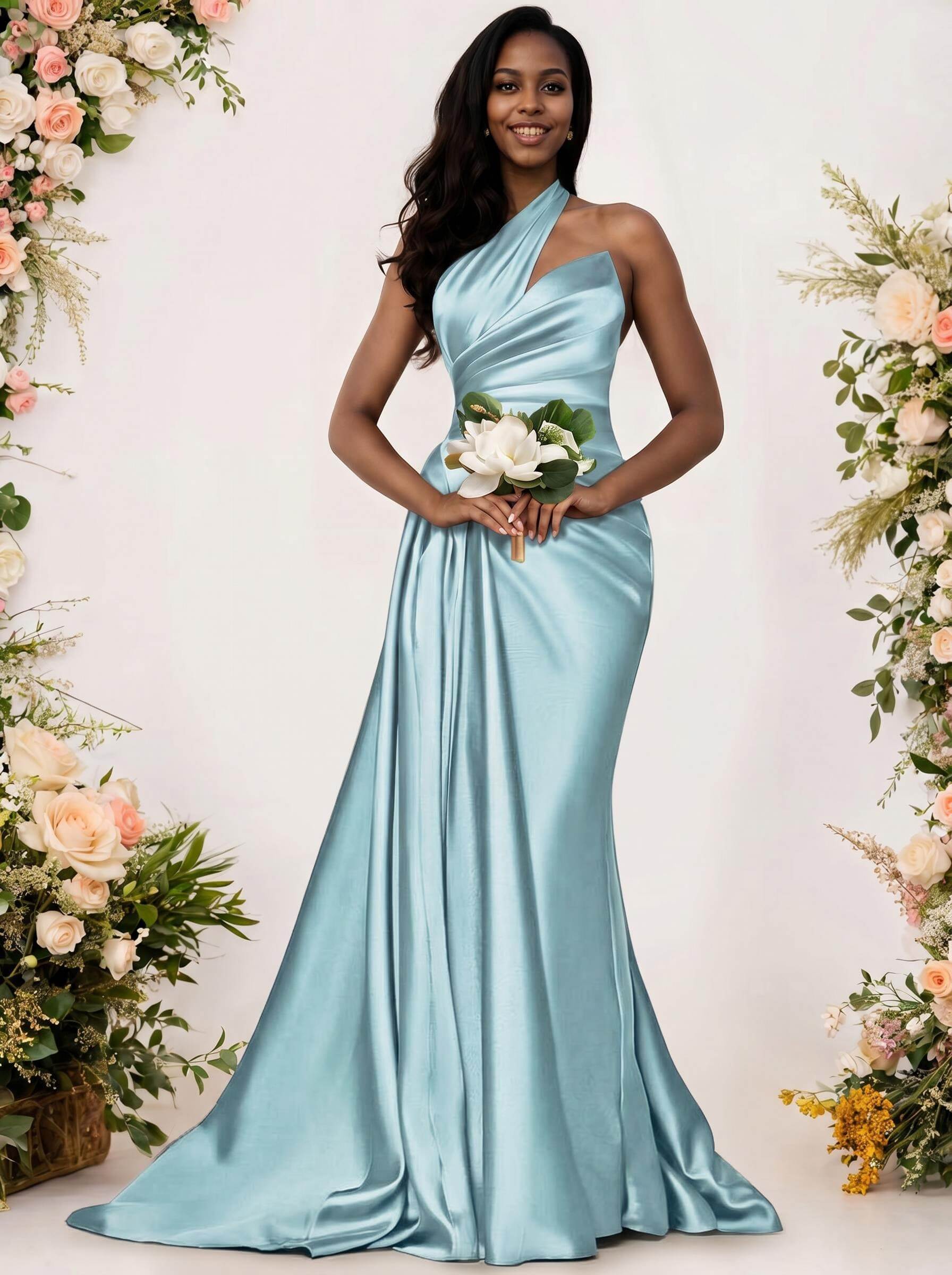 Sheath/Column One-Shoulder Silk Like Satin Bridesmaid Dresses With Ruffle, product image 181