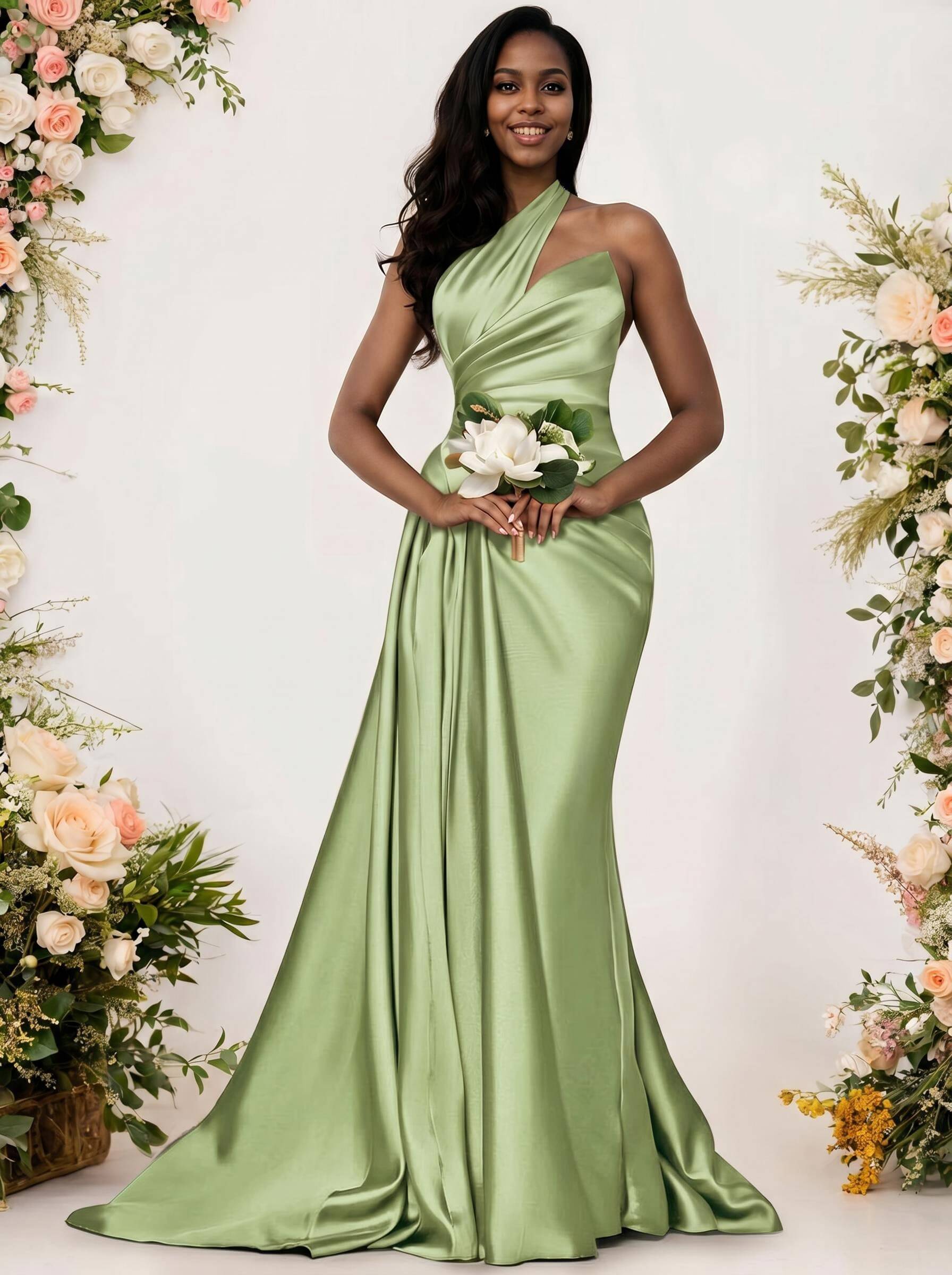 Sheath/Column One-Shoulder Silk Like Satin Bridesmaid Dresses With Ruffle, product image 246