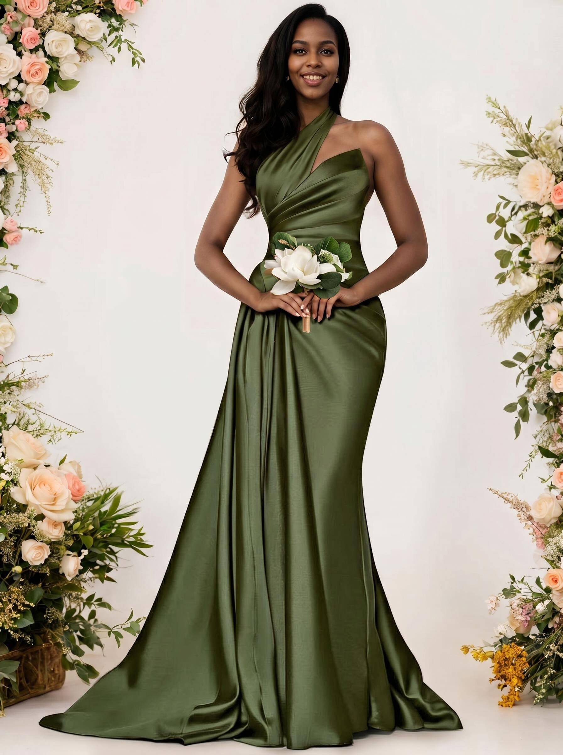 Sheath/Column One-Shoulder Silk Like Satin Bridesmaid Dresses With Ruffle, product image 226
