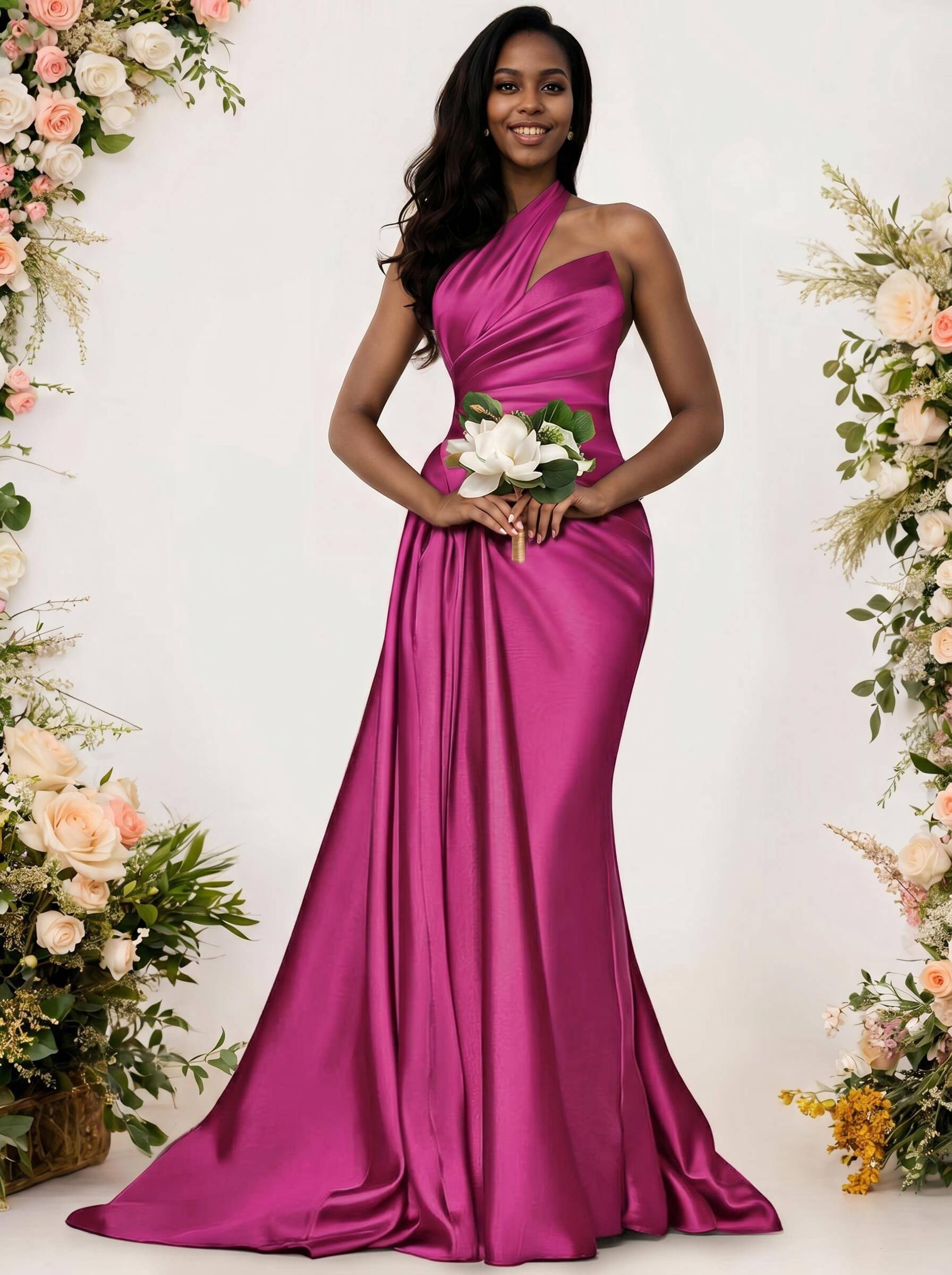 Sheath/Column One-Shoulder Silk Like Satin Bridesmaid Dresses With Ruffle, product image 166