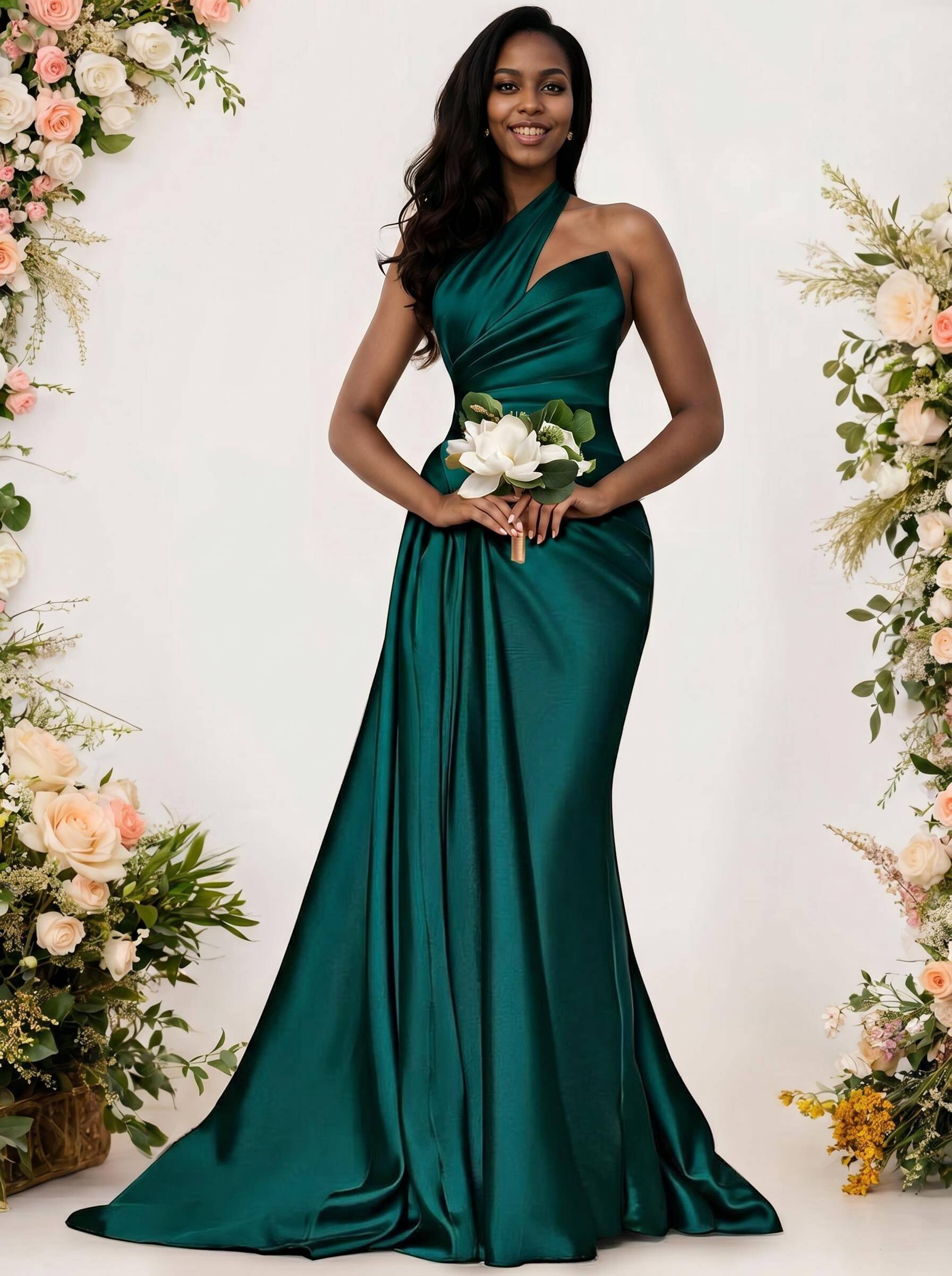 Sheath/Column One-Shoulder Silk Like Satin Bridesmaid Dresses With Ruffle, product image 106