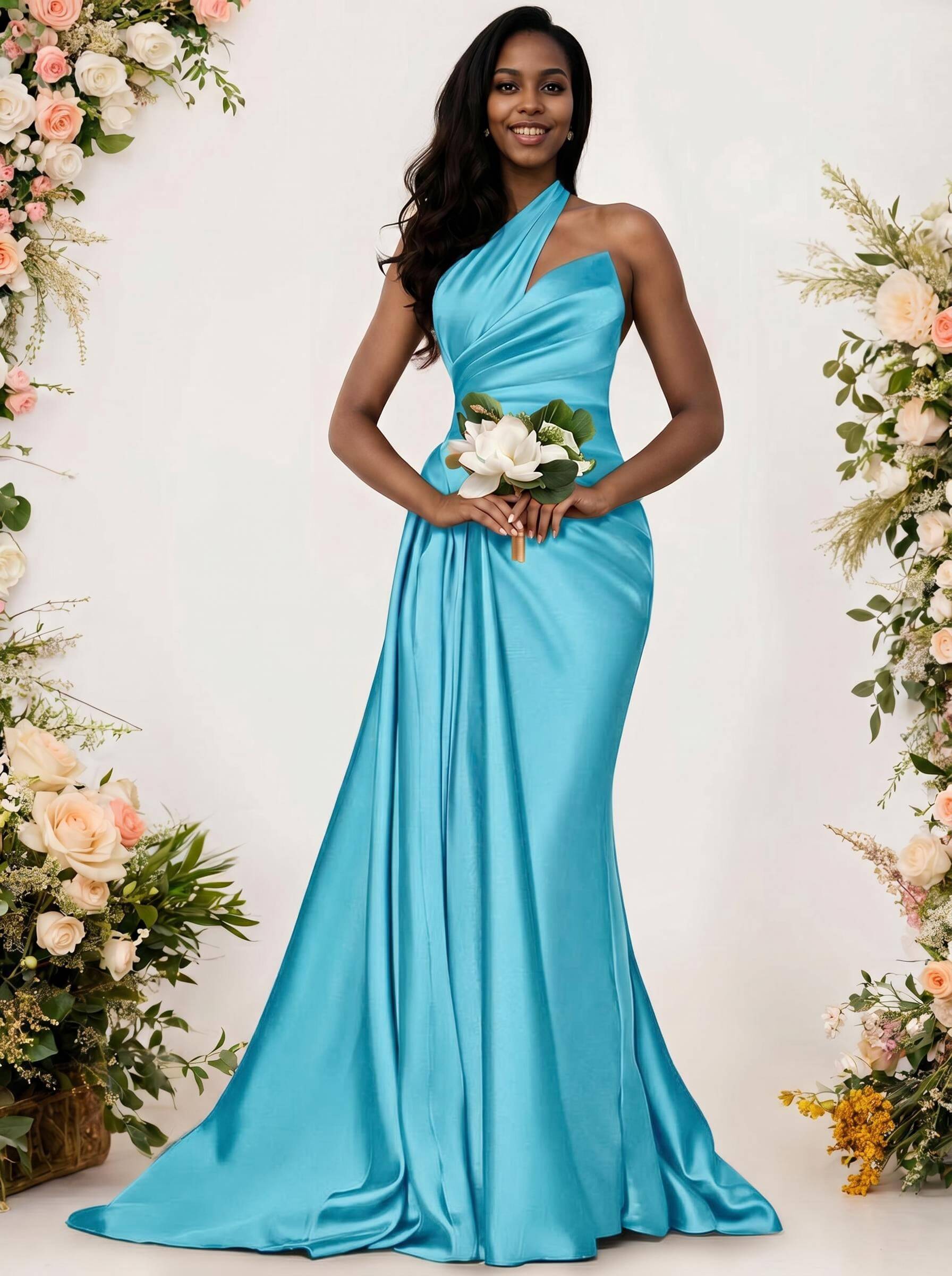 Sheath/Column One-Shoulder Silk Like Satin Bridesmaid Dresses With Ruffle, product image 191