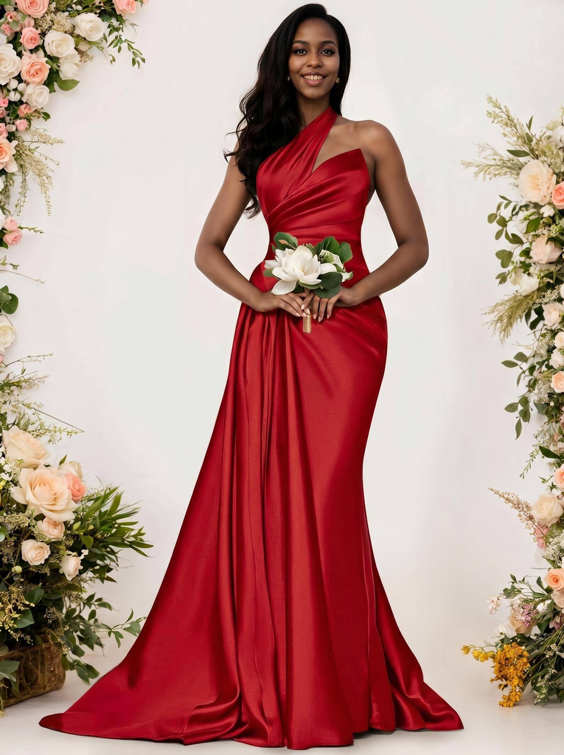 Sheath/Column One-Shoulder Silk Like Satin Bridesmaid Dresses With Ruffle, product image 116