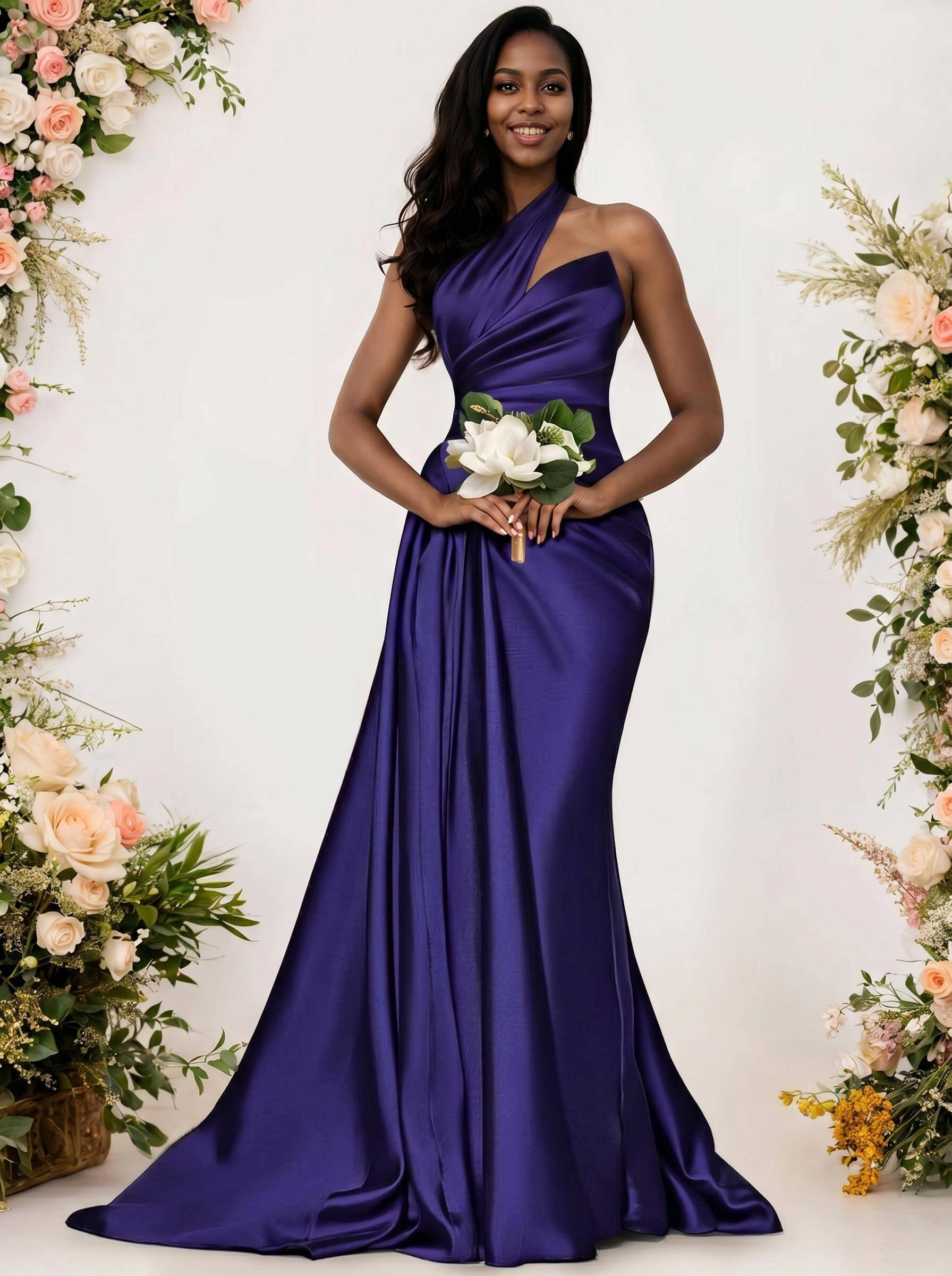 Sheath/Column One-Shoulder Silk Like Satin Bridesmaid Dresses With Ruffle, product image 146