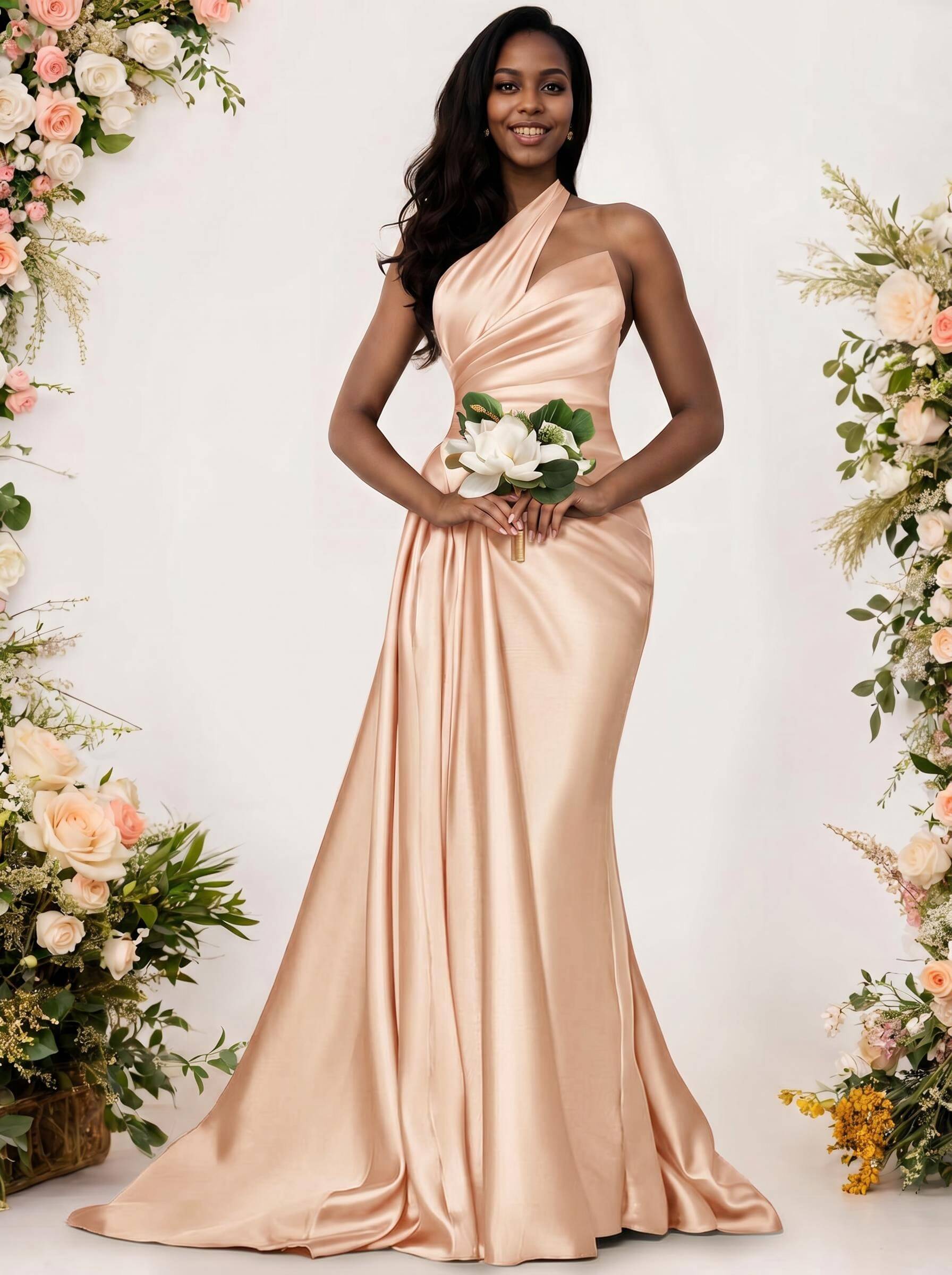Sheath/Column One-Shoulder Silk Like Satin Bridesmaid Dresses With Ruffle, product image 231
