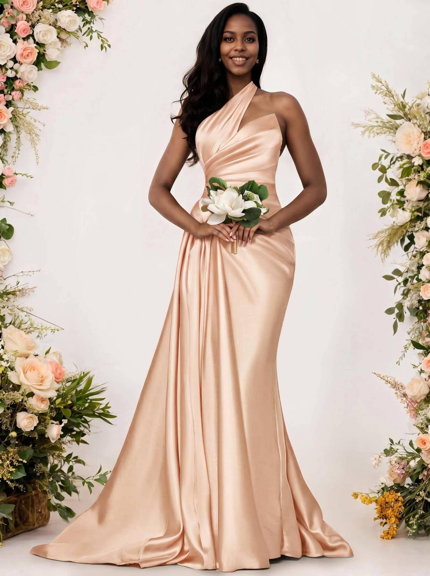 Sheath/Column One-Shoulder Silk Like Satin Bridesmaid Dresses With Ruffle, product image 231