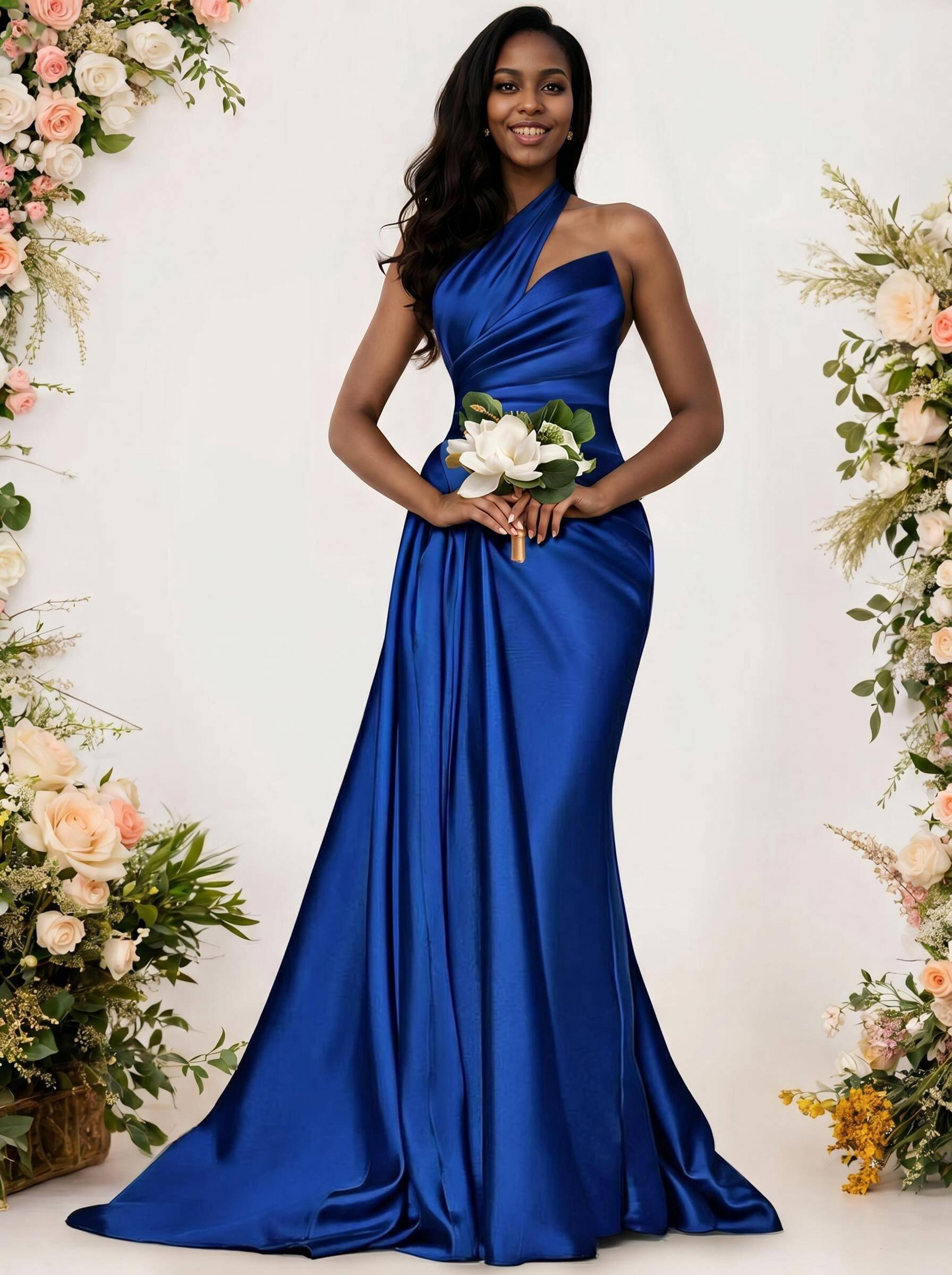 Sheath/Column One-Shoulder Silk Like Satin Bridesmaid Dresses With Ruffle, product image 46