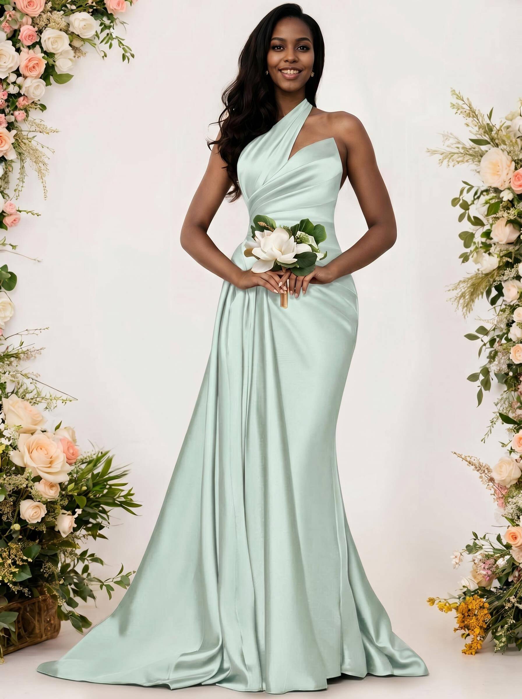 Sheath/Column One-Shoulder Silk Like Satin Bridesmaid Dresses With Ruffle, product image 201