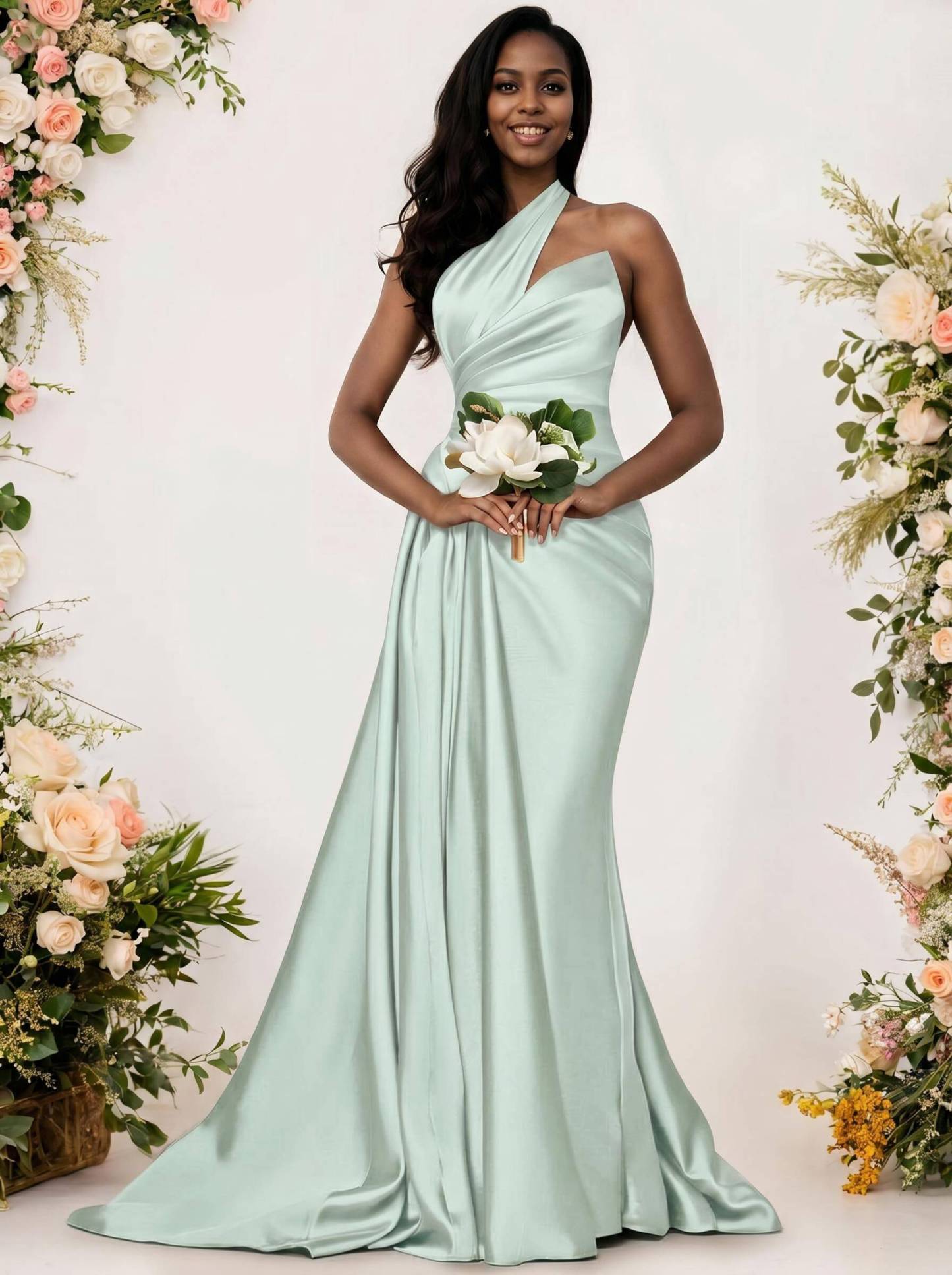 Sheath/Column One-Shoulder Silk Like Satin Bridesmaid Dresses With Ruffle, product image 201