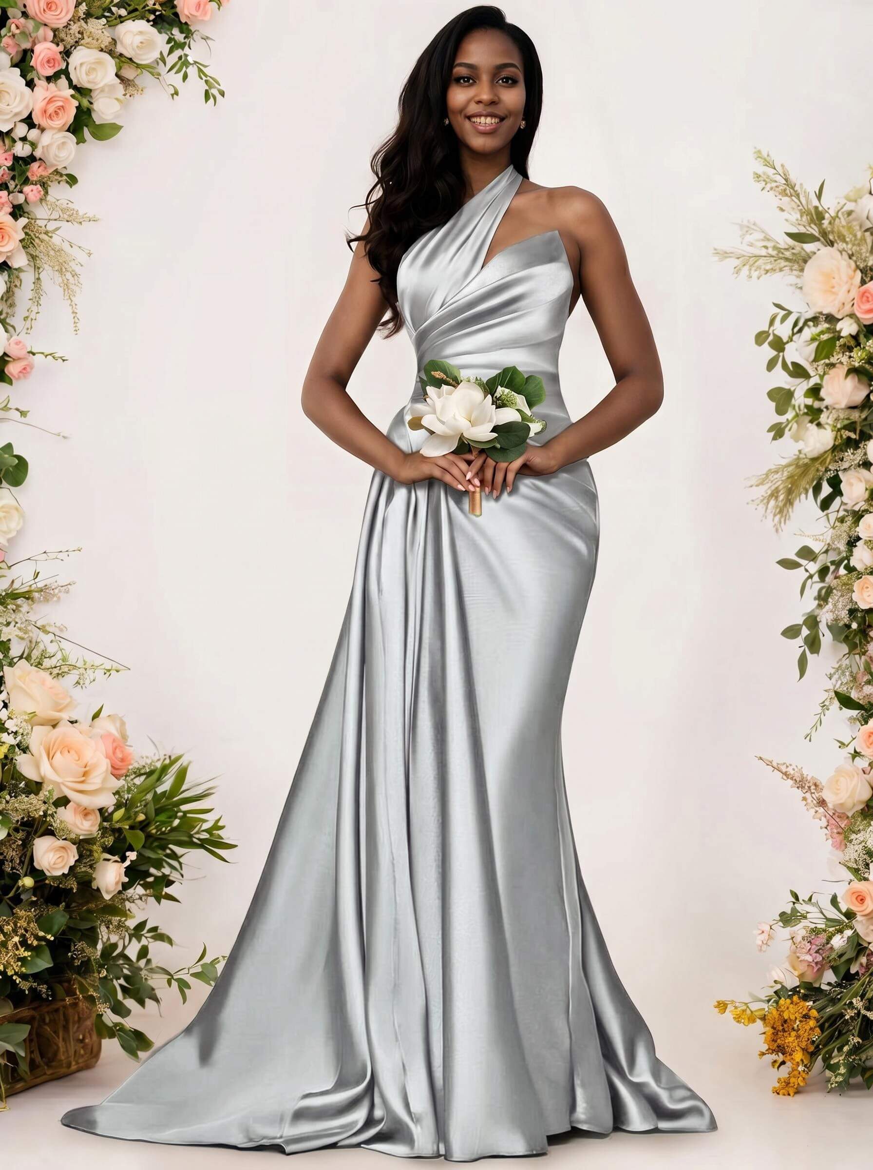 Sheath/Column One-Shoulder Silk Like Satin Bridesmaid Dresses With Ruffle, product image 61
