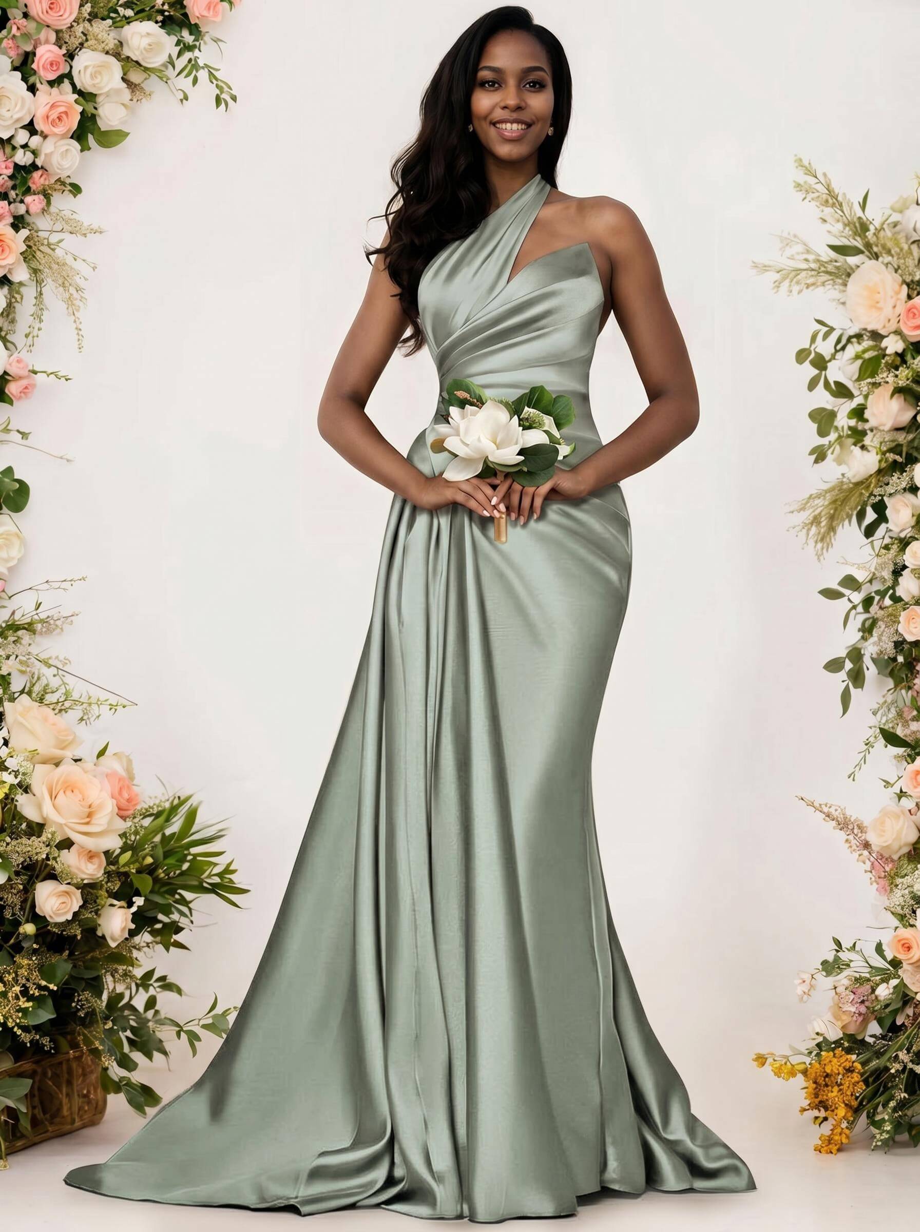 Sheath/Column One-Shoulder Silk Like Satin Bridesmaid Dresses With Ruffle, product image 101