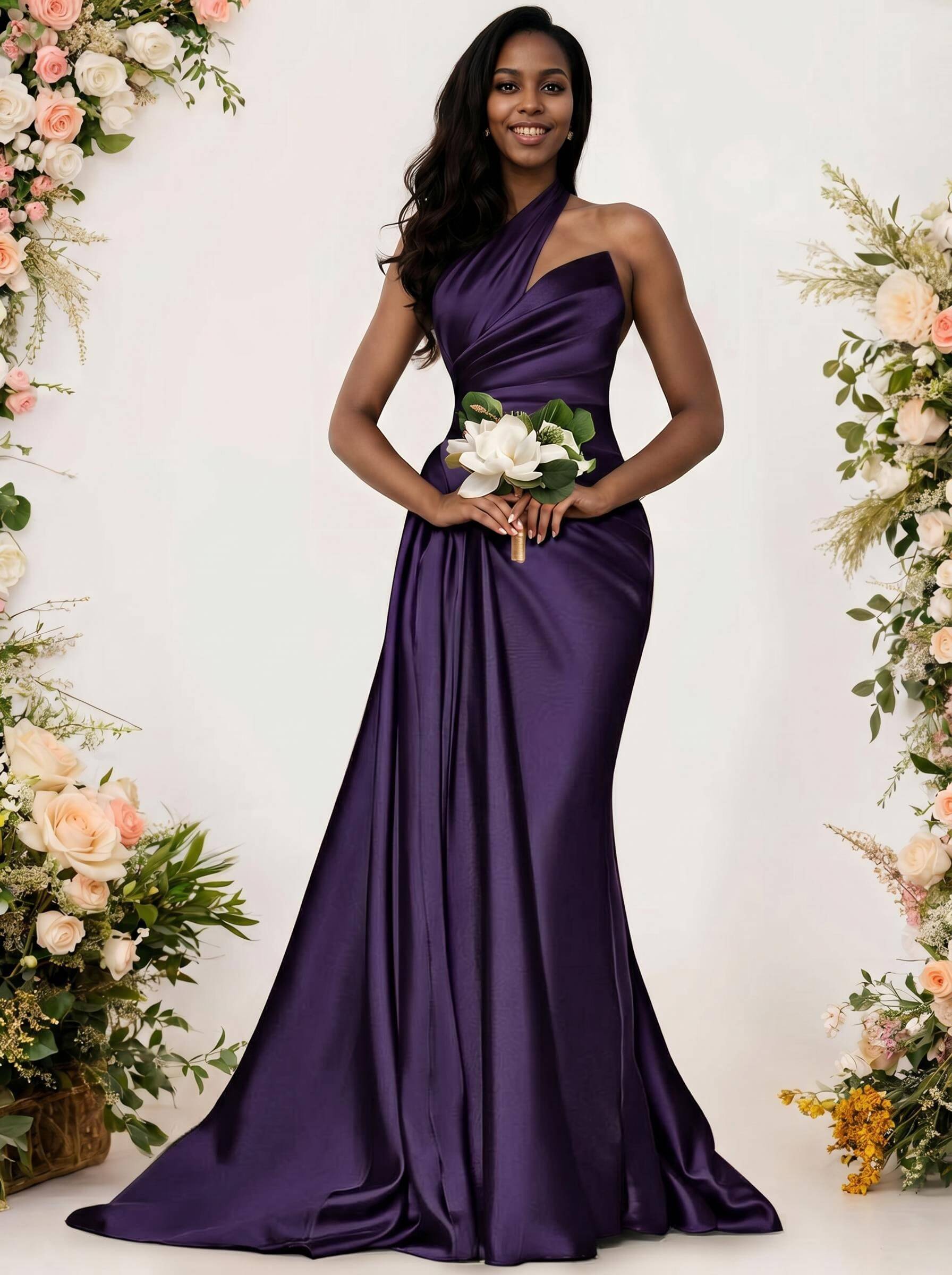 Sheath/Column One-Shoulder Silk Like Satin Bridesmaid Dresses With Ruffle, product image 161