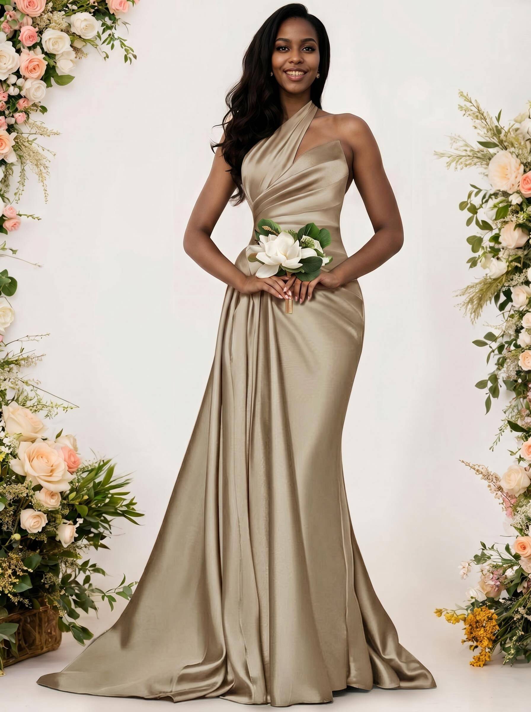 Sheath/Column One-Shoulder Silk Like Satin Bridesmaid Dresses With Ruffle, product image 141