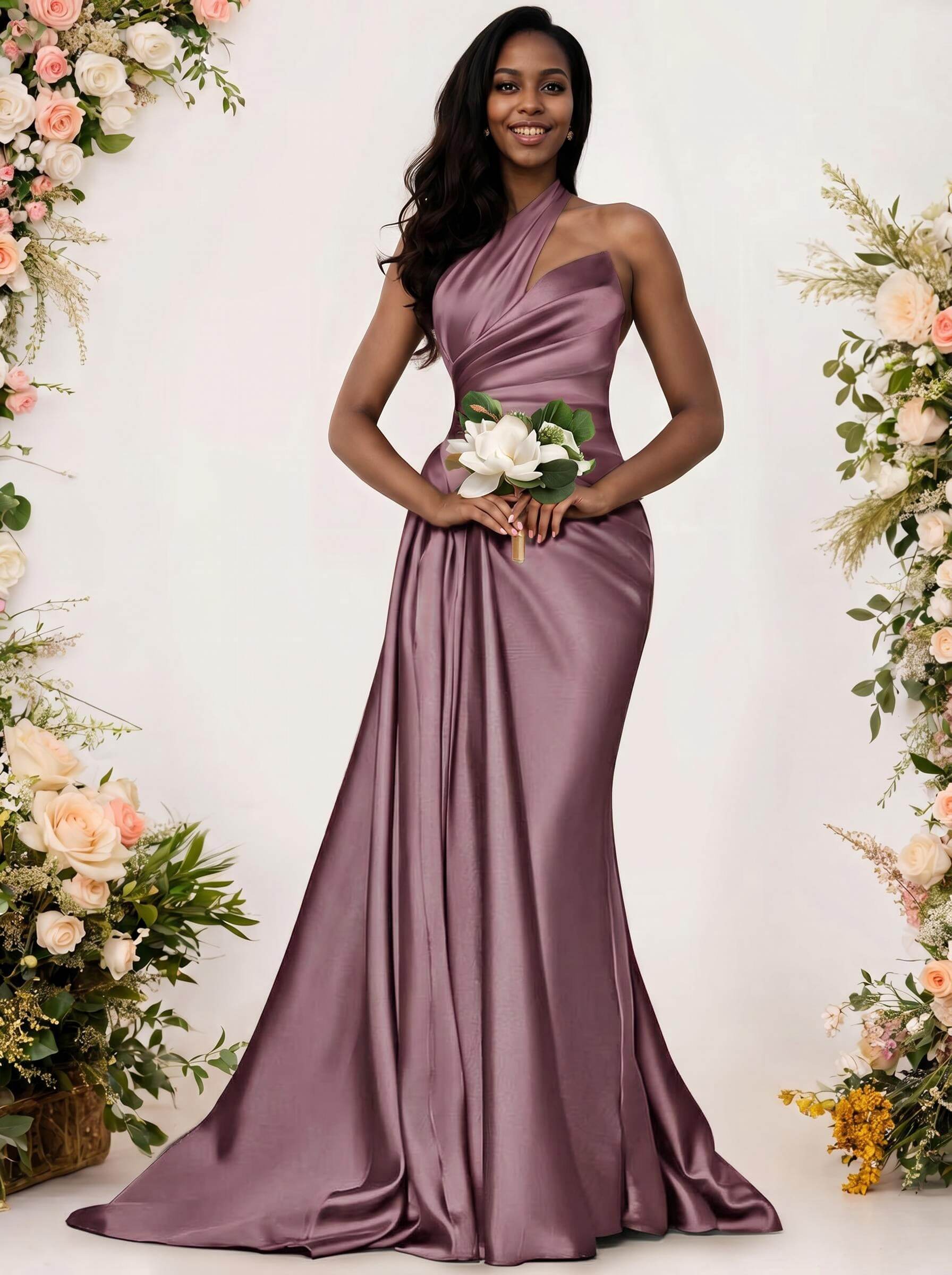 Sheath/Column One-Shoulder Silk Like Satin Bridesmaid Dresses With Ruffle, product image 91