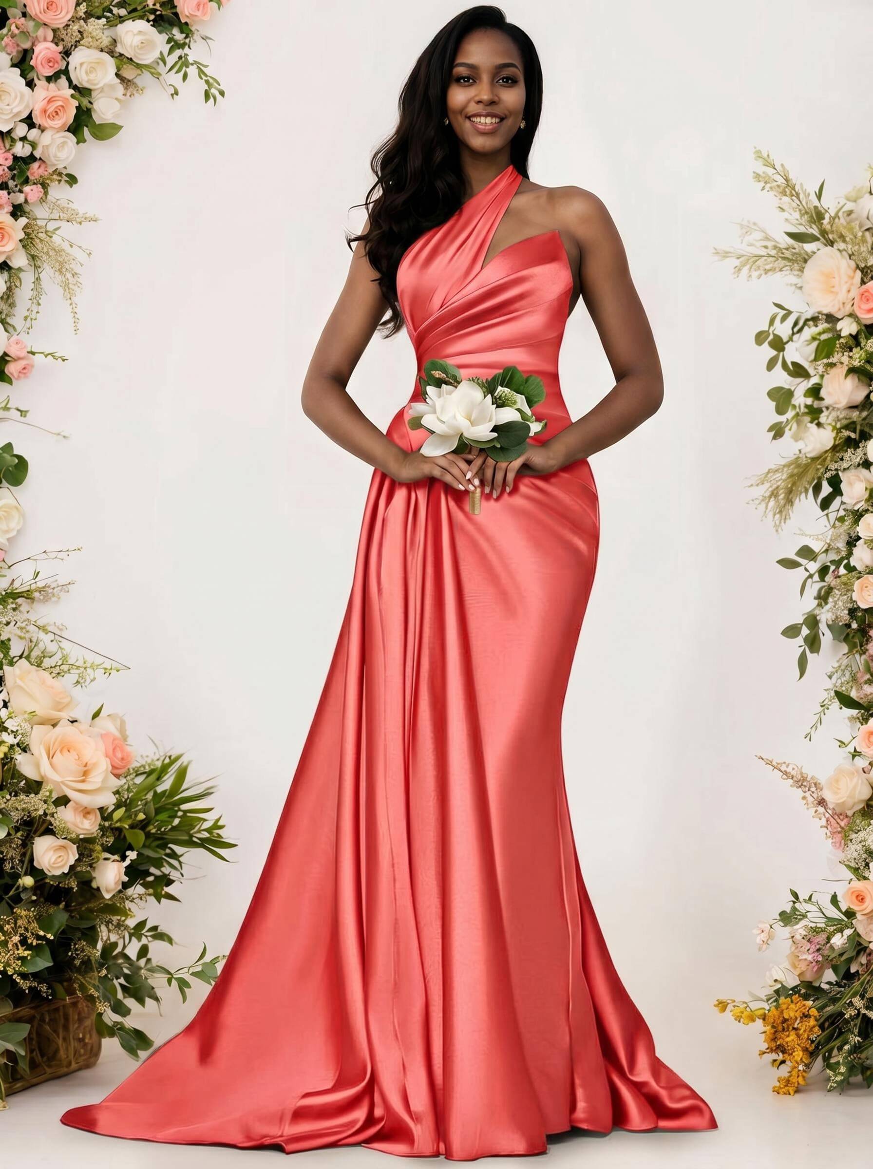 Sheath/Column One-Shoulder Silk Like Satin Bridesmaid Dresses With Ruffle, product image 186