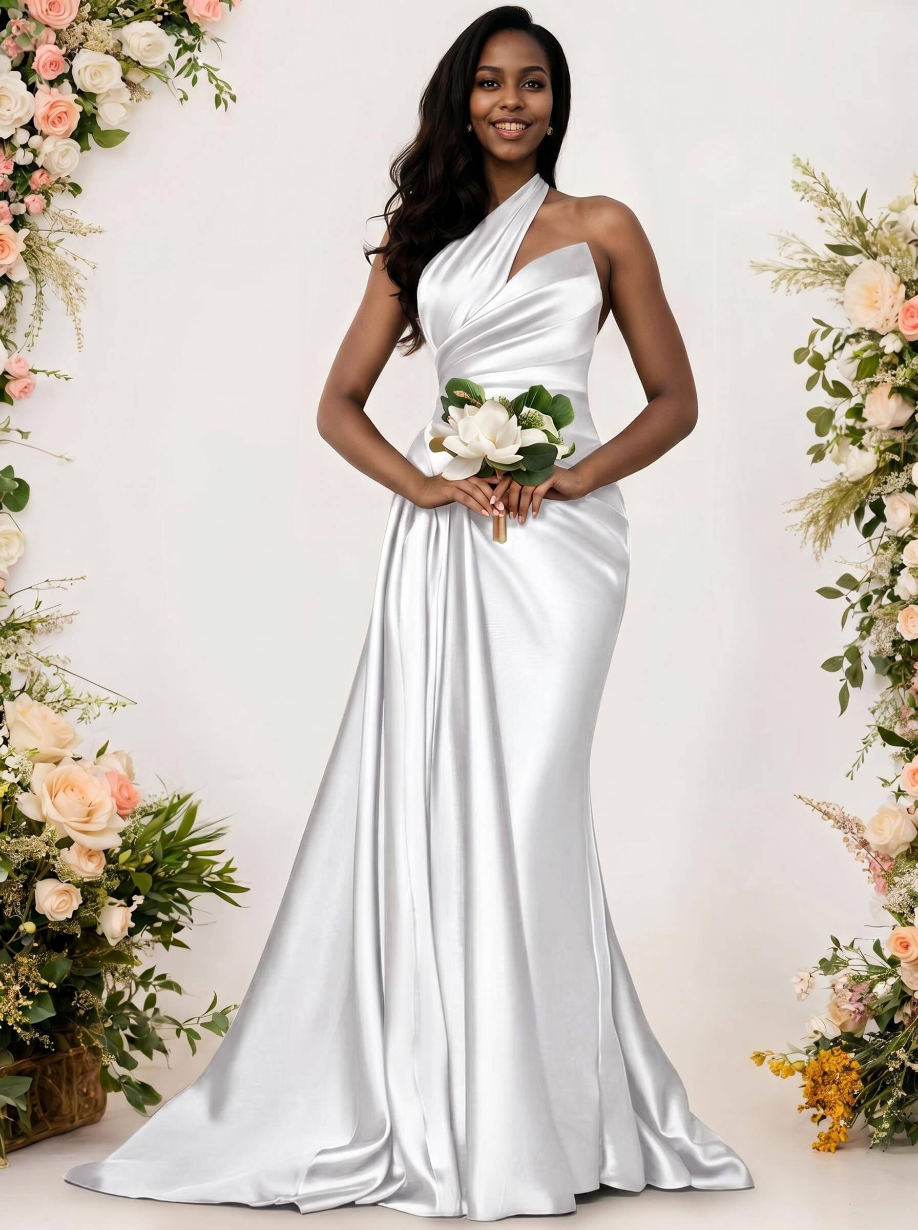 Sheath/Column One-Shoulder Silk Like Satin Bridesmaid Dresses With Ruffle, product image 211
