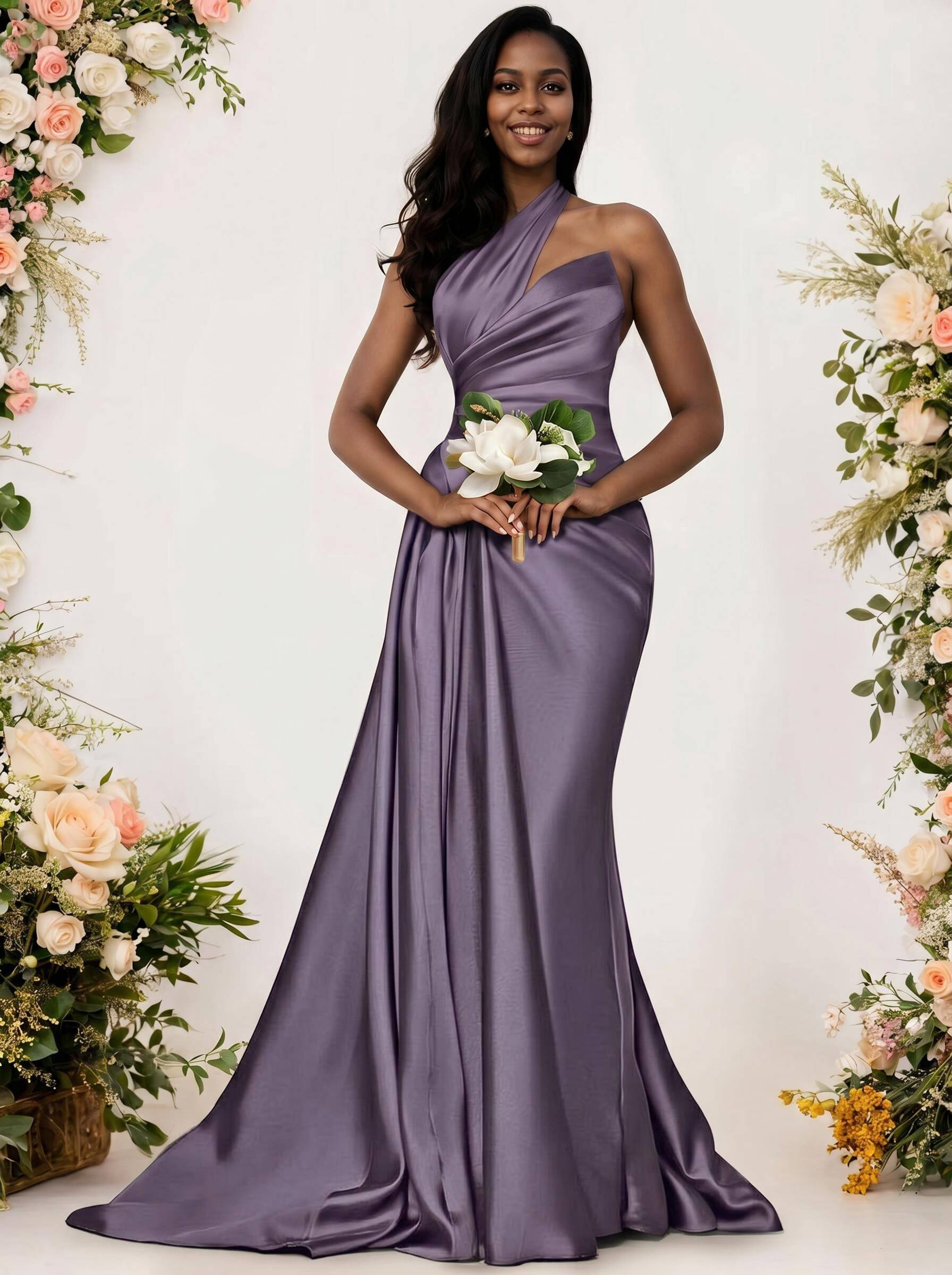 Sheath/Column One-Shoulder Silk Like Satin Bridesmaid Dresses With Ruffle, product image 51