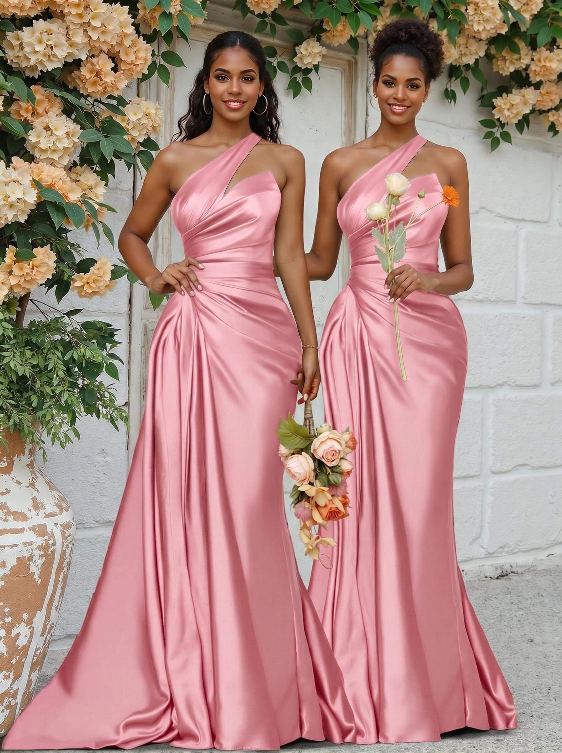 Sheath/Column One-Shoulder Silk Like Satin Bridesmaid Dresses With Ruffle, product image 22