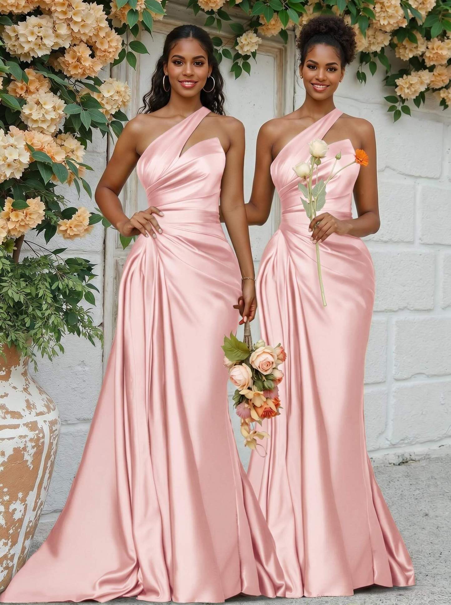 Sheath/Column One-Shoulder Silk Like Satin Bridesmaid Dresses With Ruffle, product image 42