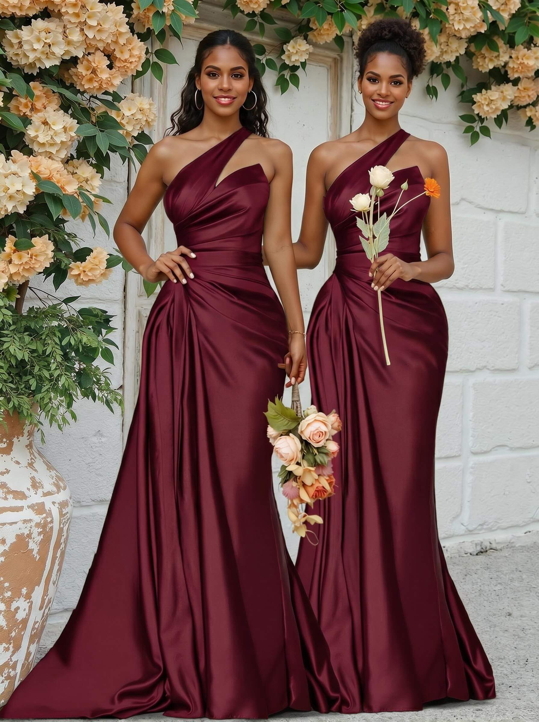 Sheath/Column One-Shoulder Silk Like Satin Bridesmaid Dresses With Ruffle, product image 17