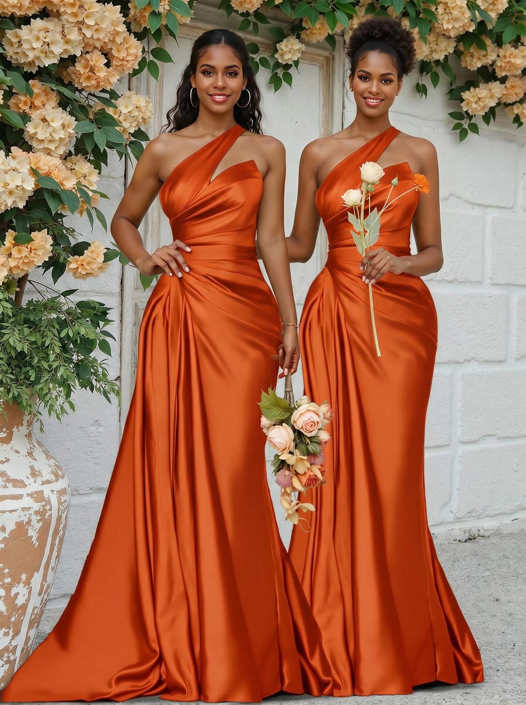 Sheath/Column One-Shoulder Silk Like Satin Bridesmaid Dresses With Ruffle, product image 217