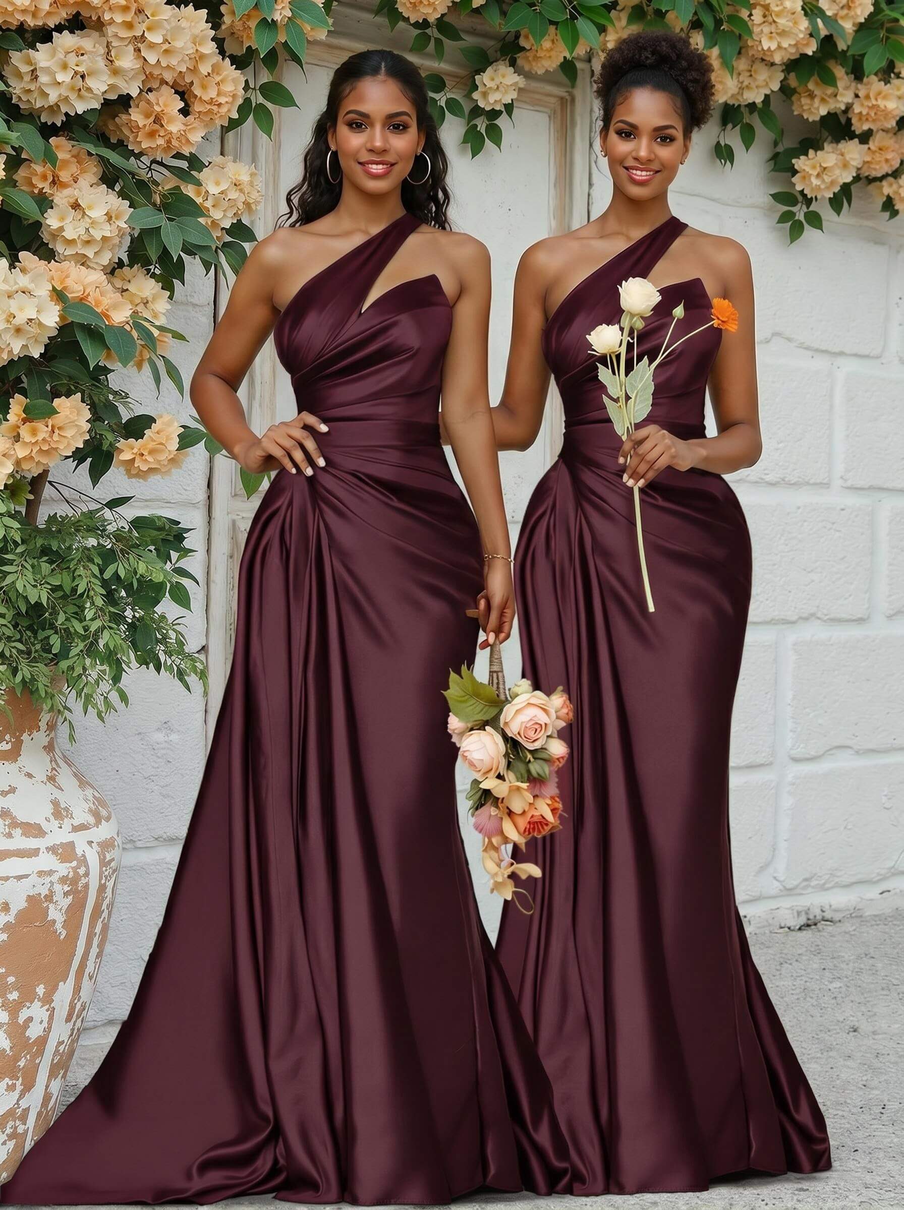 Sheath/Column One-Shoulder Silk Like Satin Bridesmaid Dresses With Ruffle, product image 27
