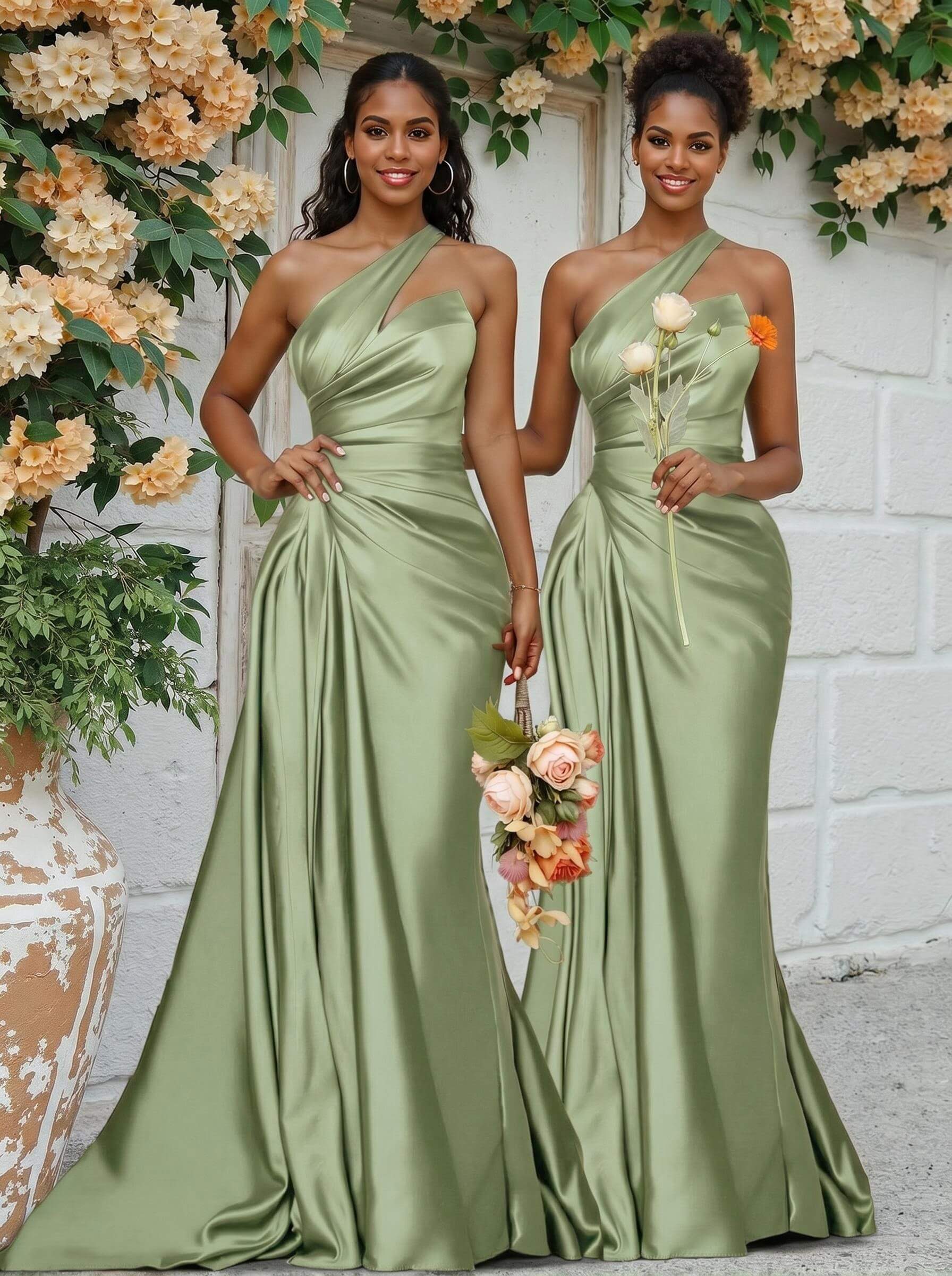Sheath/Column One-Shoulder Silk Like Satin Bridesmaid Dresses With Ruffle, product image 32