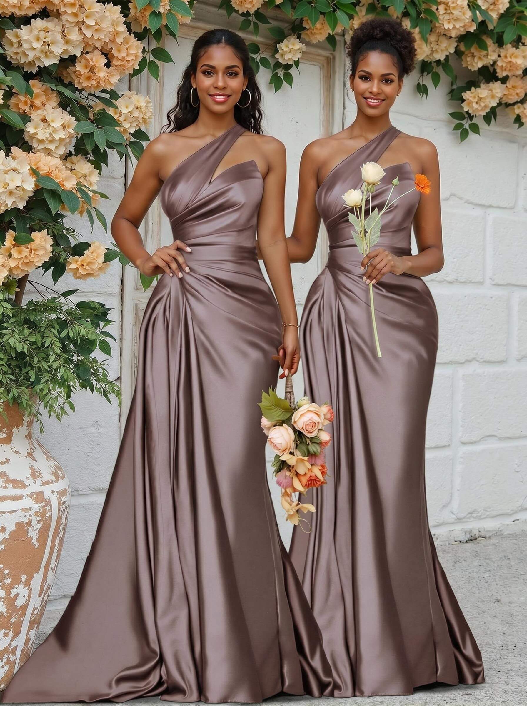 Sheath/Column One-Shoulder Silk Like Satin Bridesmaid Dresses With Ruffle, product image 77