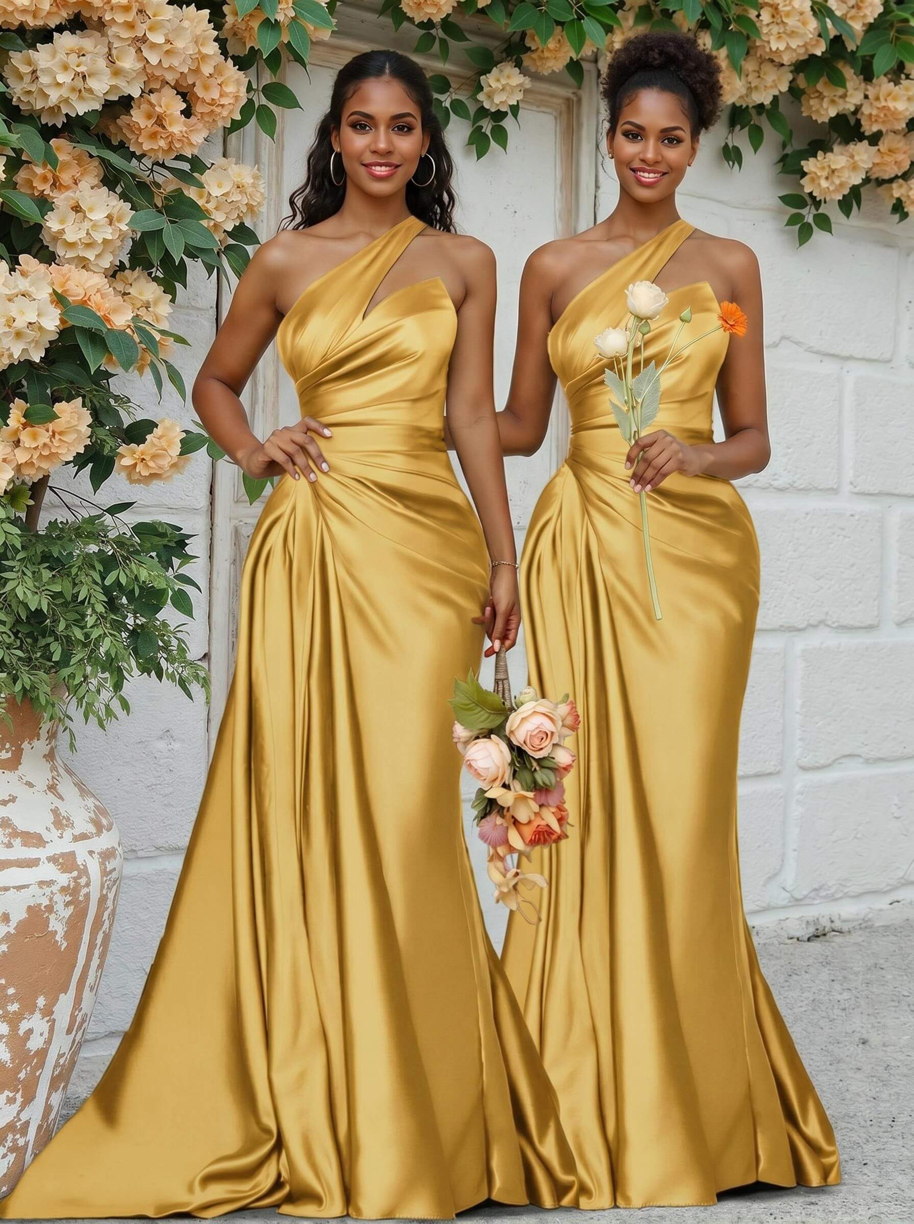 Sheath/Column One-Shoulder Silk Like Satin Bridesmaid Dresses With Ruffle, product image 172