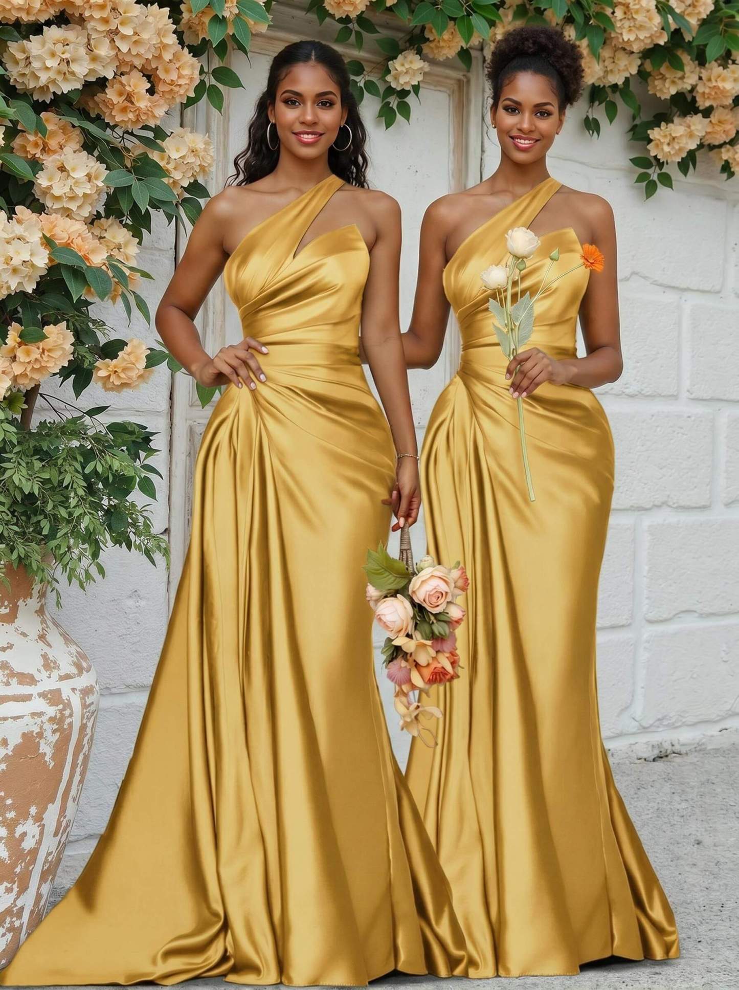 Sheath/Column One-Shoulder Silk Like Satin Bridesmaid Dresses With Ruffle, product image 172